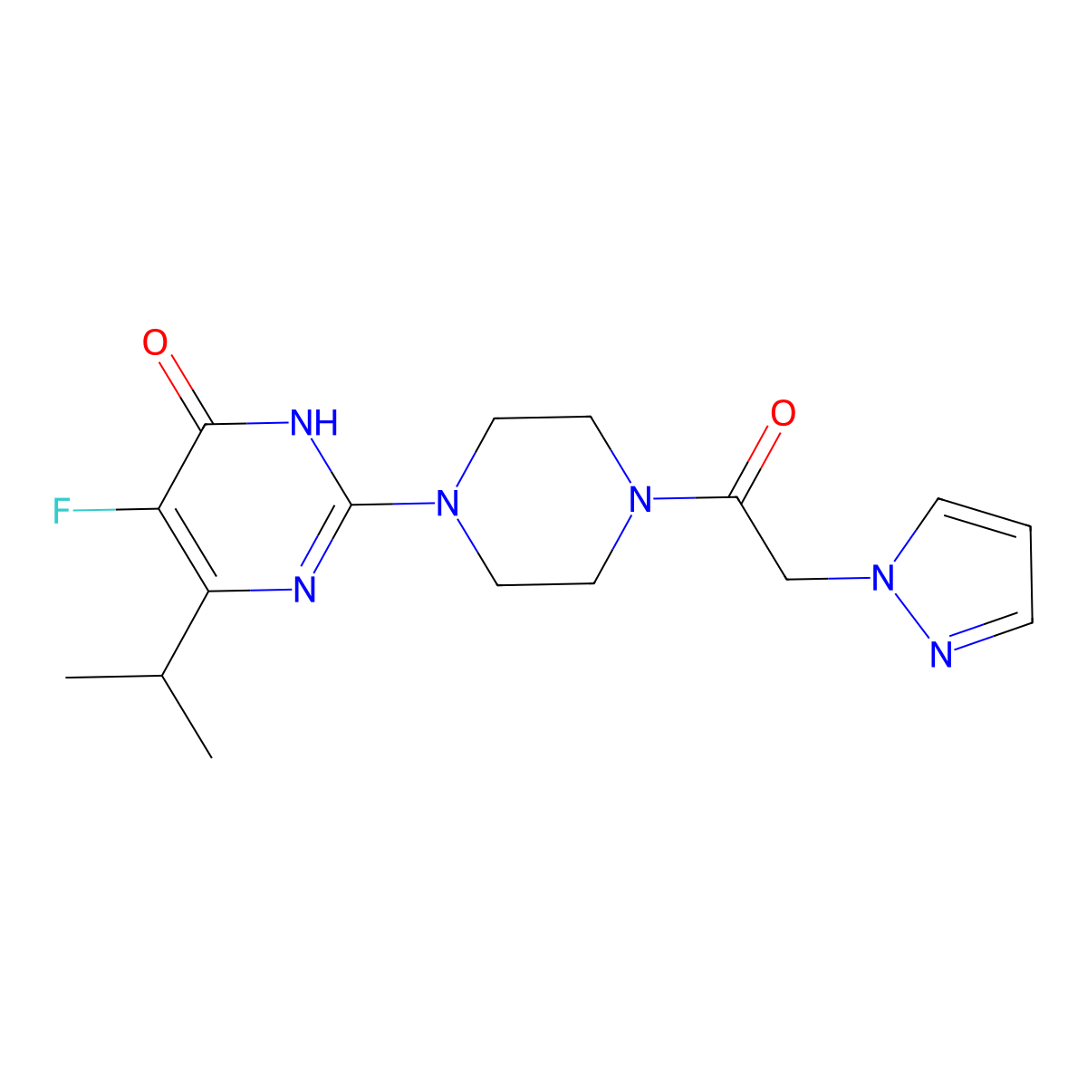 5-fluoro-6-(propan-2-yl)-2-{4-[2-(1H-pyrazol-1-yl)acetyl]piperazin-1-yl}-3,4-dihydropyrimidin-4-one molecular structure, CAS 2640950-40-7