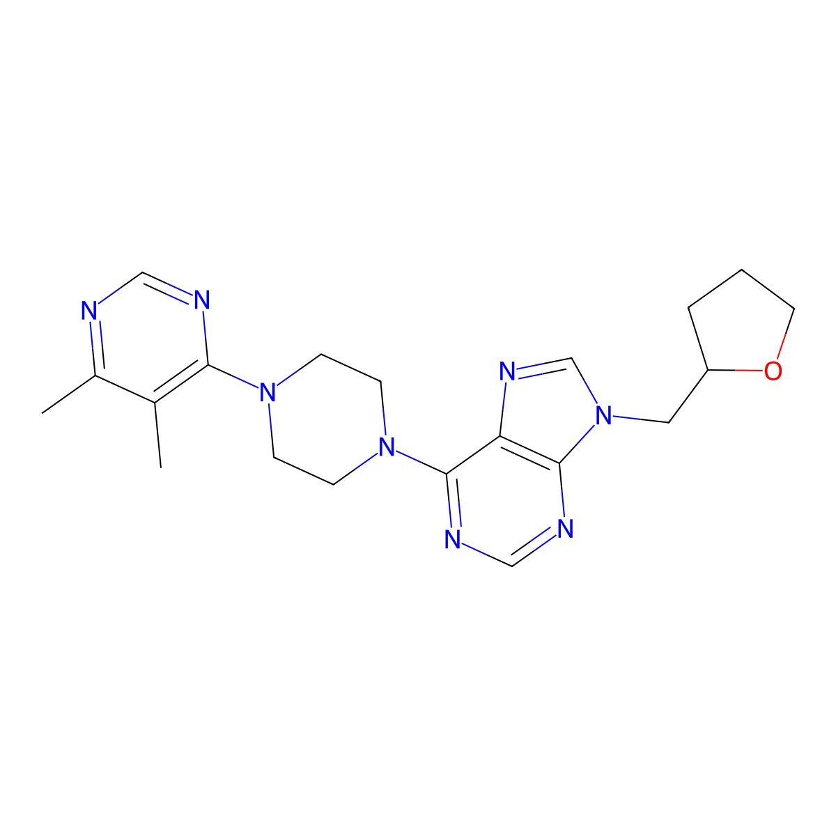 6-[4-(5,6-dimethylpyrimidin-4-yl)piperazin-1-yl]-9-[(oxolan-2-yl)methyl]-9H-purine molecular structure, CAS 2640950-44-1