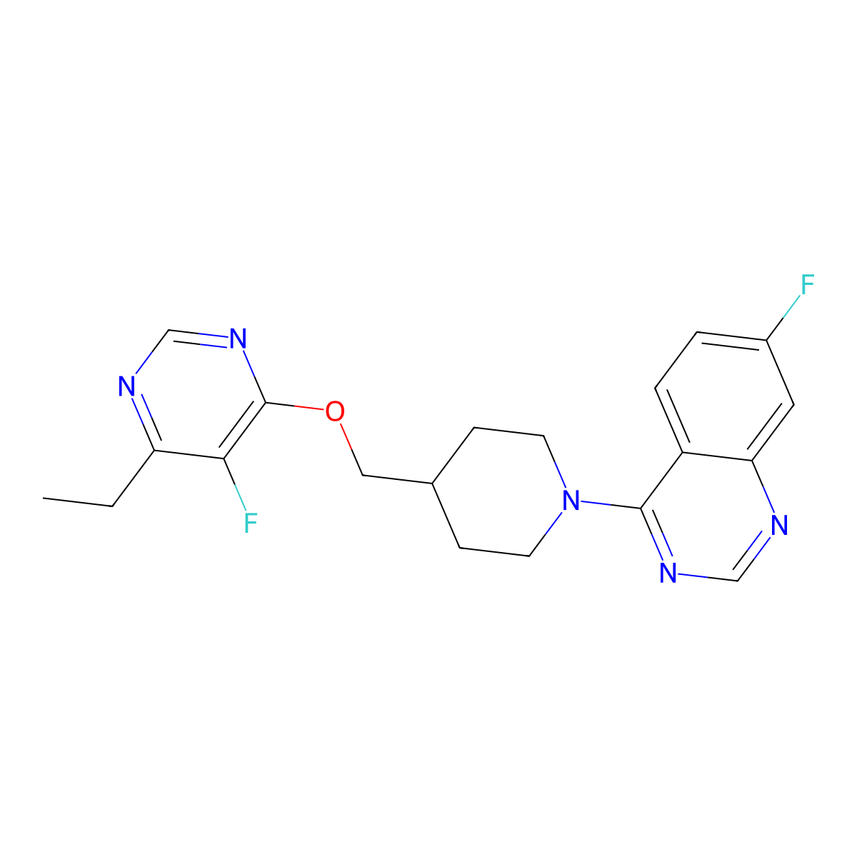 4-(4-{[(6-Ethyl-5-fluoropyrimidin-4-yl)oxy]methyl}piperidin-1-yl)-7-fluoroquinazoline molecular structure, CAS 2640950-45-2