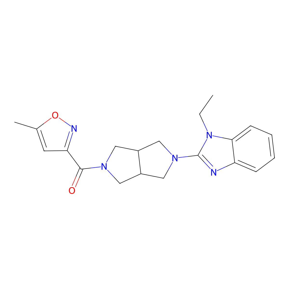 1-ethyl-2-[5-(5-methyl-1,2-oxazole-3-carbonyl)-octahydropyrrolo[3,4-c]pyrrol-2-yl]-1H-1,3-benzodiazole molecular structure, CAS 2640950-47-4
