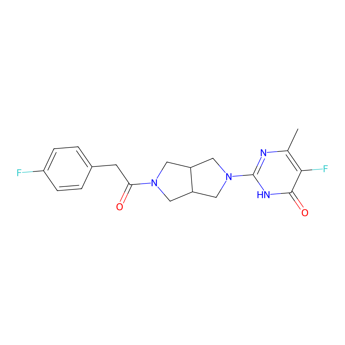 5-Fluoro-2-{5-[2-(4-fluorophenyl)acetyl]-octahydropyrrolo[3,4-c]pyrrol-2-yl}-6-methyl-3,4-dihydropyrimidin-4-one molecular structure, CAS 2640950-48-5