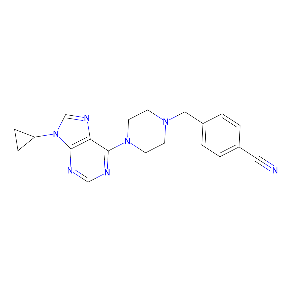 4-{[4-(9-cyclopropyl-9H-purin-6-yl)piperazin-1-yl]methyl}benzonitrile molecular structure, CAS 2640950-53-2