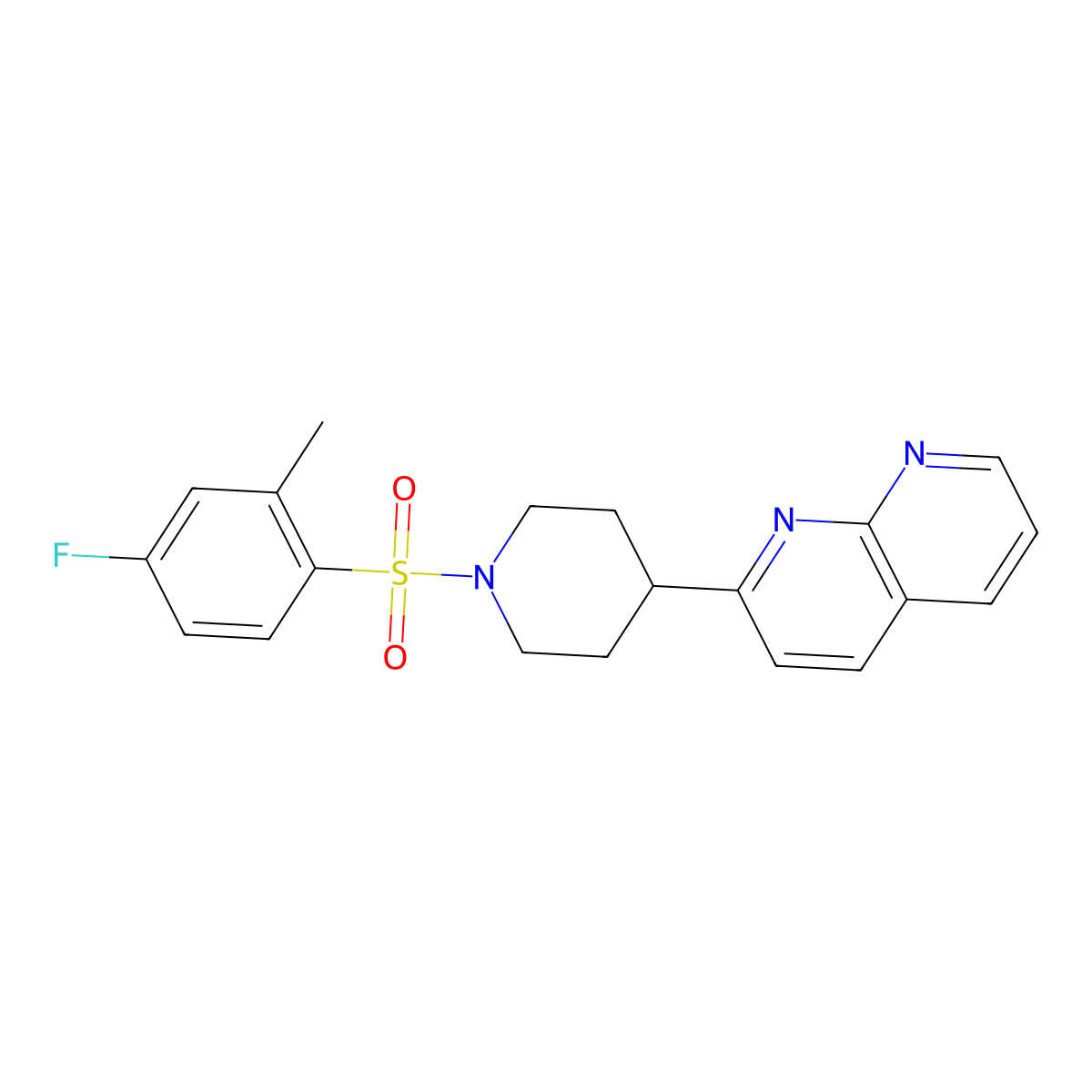 2-[1-(4-Fluoro-2-methylbenzenesulfonyl)piperidin-4-yl]-1,8-naphthyridine molecular structure, CAS 2640950-55-4
