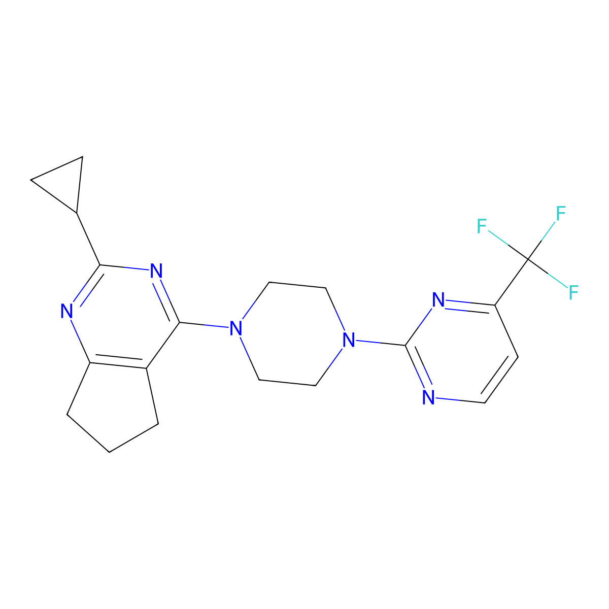 2-(4-{2-cyclopropyl-5H,6H,7H-cyclopenta[d]pyrimidin-4-yl}piperazin-1-yl)-4-(trifluoromethyl)pyrimidine molecular structure, CAS 2640950-56-5