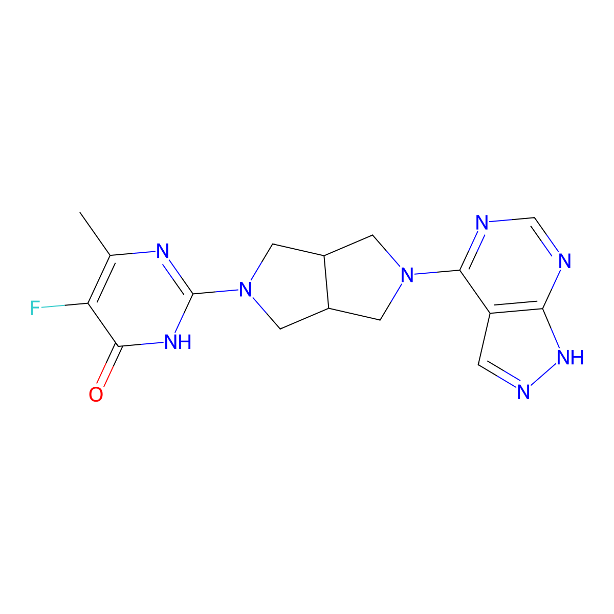 5-fluoro-6-methyl-2-(5-{1H-pyrazolo[3,4-d]pyrimidin-4-yl}-octahydropyrrolo[3,4-c]pyrrol-2-yl)-3,4-dihydropyrimidin-4-one molecular structure, CAS 2640950-58-7