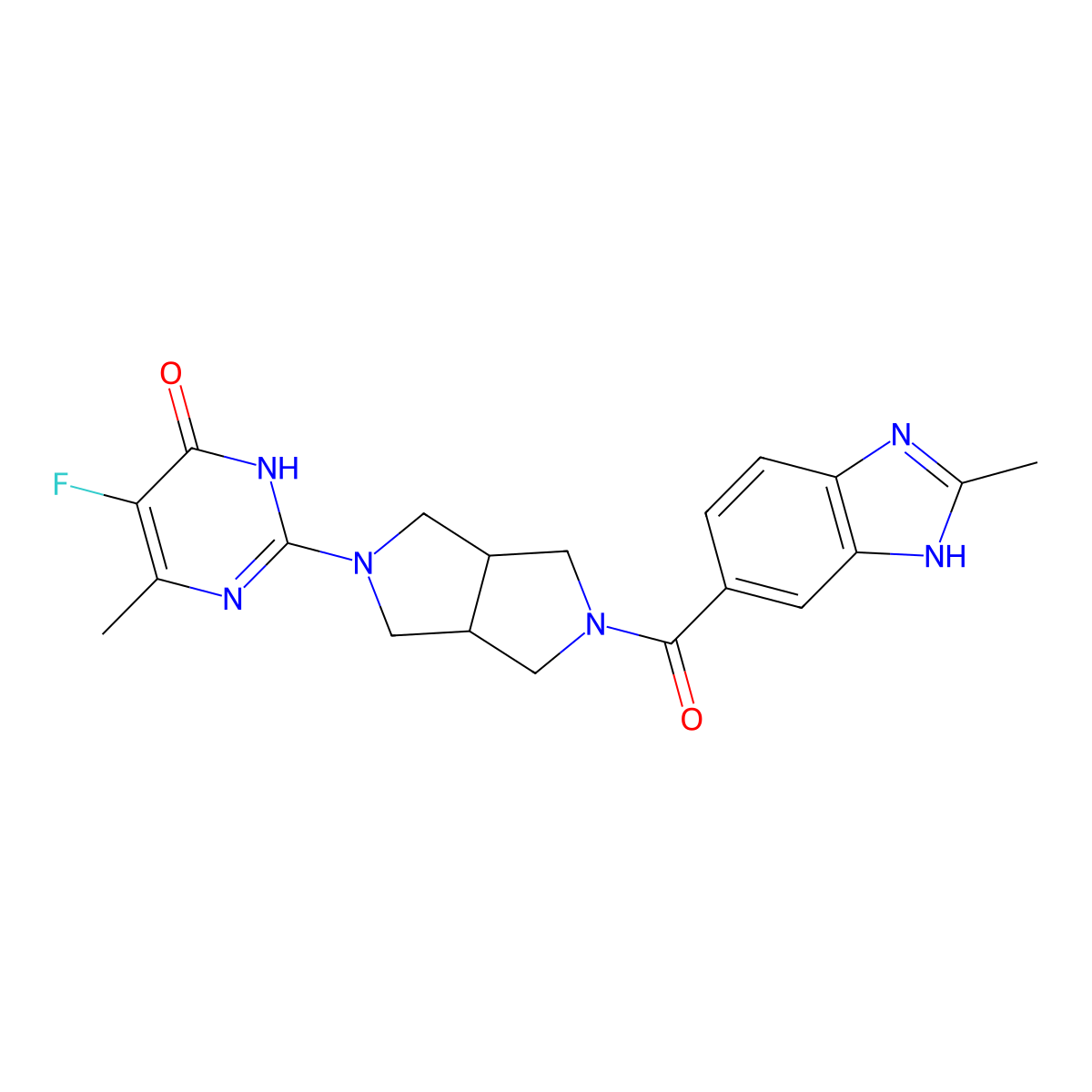5-fluoro-6-methyl-2-[5-(2-methyl-1H-1,3-benzodiazole-5-carbonyl)-octahydropyrrolo[3,4-c]pyrrol-2-yl]-3,4-dihydropyrimidin-4-one molecular structure, CAS 2640950-60-1