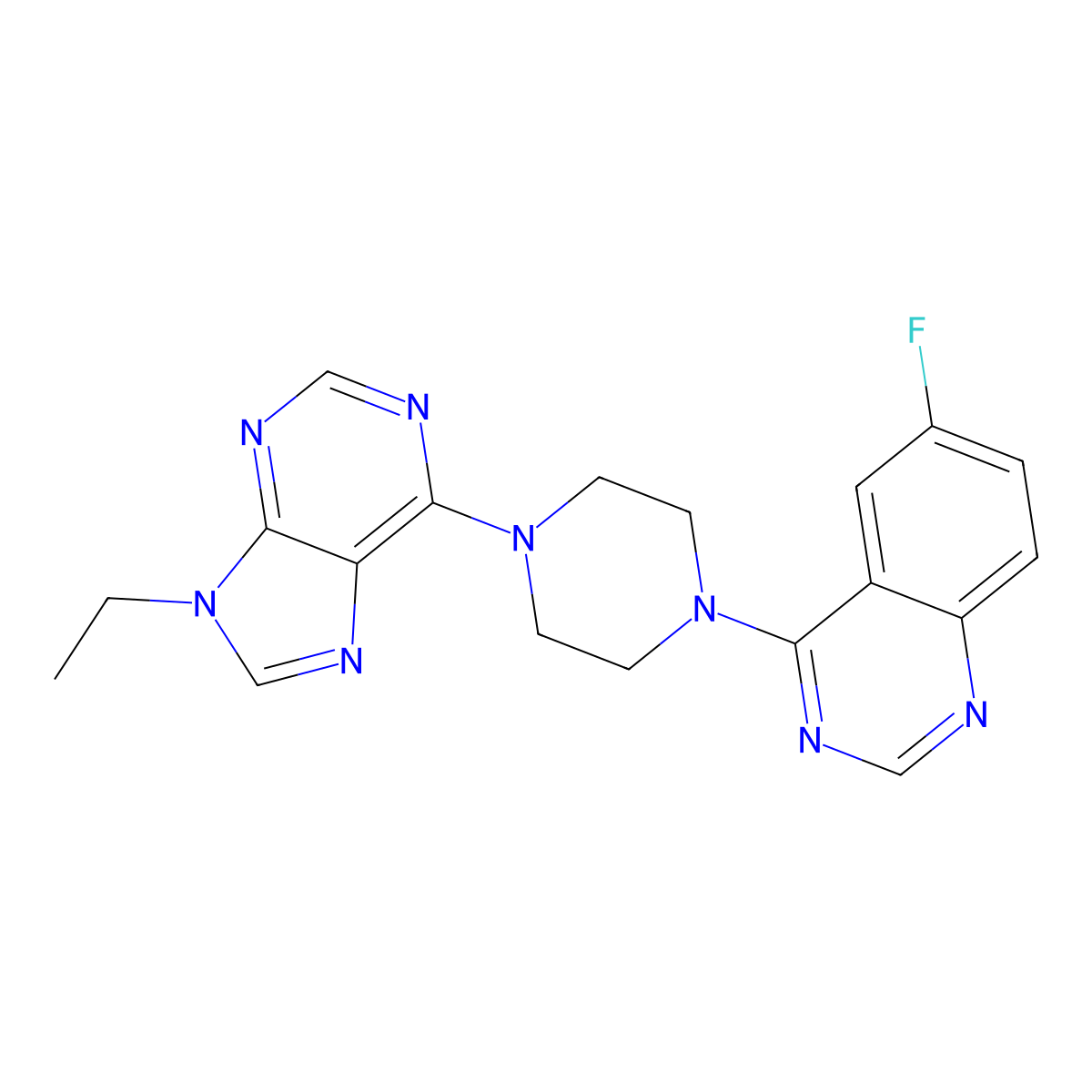 4-[4-(9-ethyl-9H-purin-6-yl)piperazin-1-yl]-6-fluoroquinazoline molecular structure, CAS 2640950-65-6