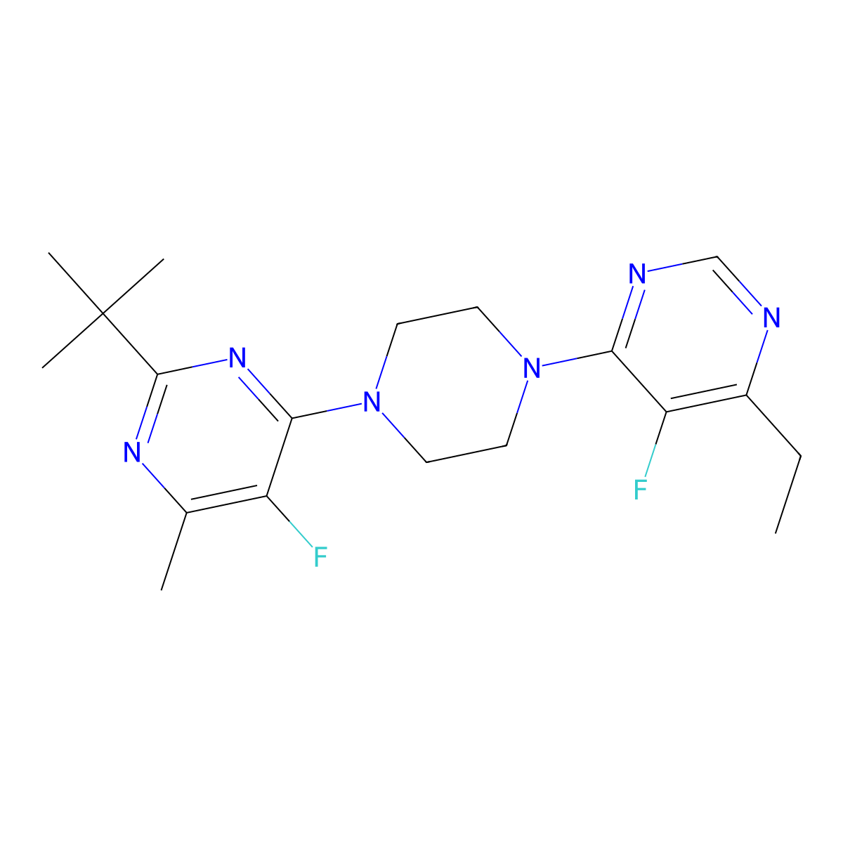 2-Tert-butyl-4-[4-(6-ethyl-5-fluoropyrimidin-4-yl)piperazin-1-yl]-5-fluoro-6-methylpyrimidine molecular structure, CAS 2640950-67-8