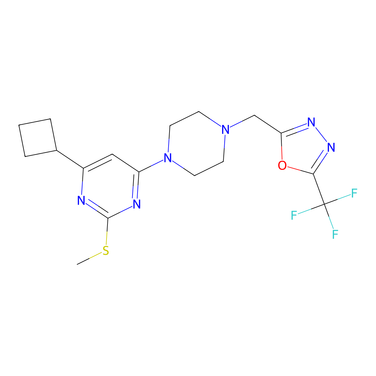 4-Cyclobutyl-2-(methylsulfanyl)-6-(4-{[5-(trifluoromethyl)-1,3,4-oxadiazol-2-yl]methyl}piperazin-1-yl)pyrimidine molecular structure, CAS 2640950-71-4
