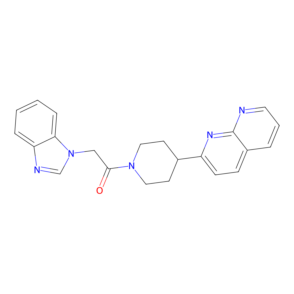 2-(1H-1,3-benzodiazol-1-yl)-1-[4-(1,8-naphthyridin-2-yl)piperidin-1-yl]ethan-1-one molecular structure, CAS 2640950-75-8