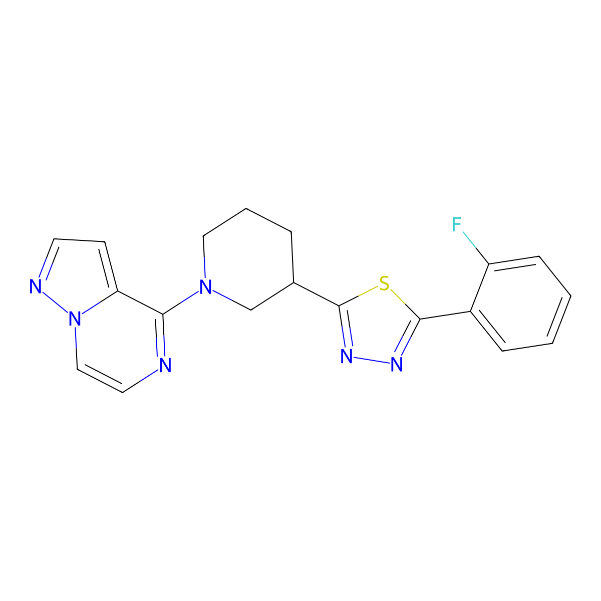 3-[5-(2-Fluorophenyl)-1,3,4-thiadiazol-2-yl]-1-{pyrazolo[1,5-a]pyrazin-4-yl}piperidine molecular structure, CAS 2640950-80-5