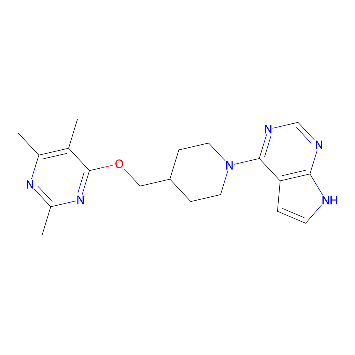 2,4,5-trimethyl-6-[(1-{7H-pyrrolo[2,3-d]pyrimidin-4-yl}piperidin-4-yl)methoxy]pyrimidine molecular structure, CAS 2640950-84-9