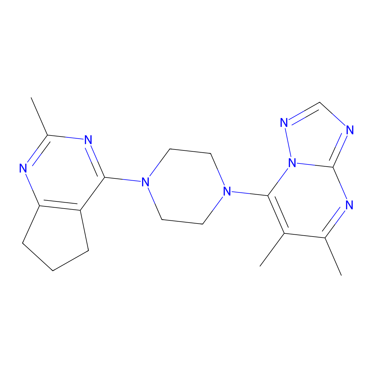 1-{5,6-dimethyl-[1,2,4]triazolo[1,5-a]pyrimidin-7-yl}-4-{2-methyl-5H,6H,7H-cyclopenta[d]pyrimidin-4-yl}piperazine molecular structure, CAS 2640950-85-0