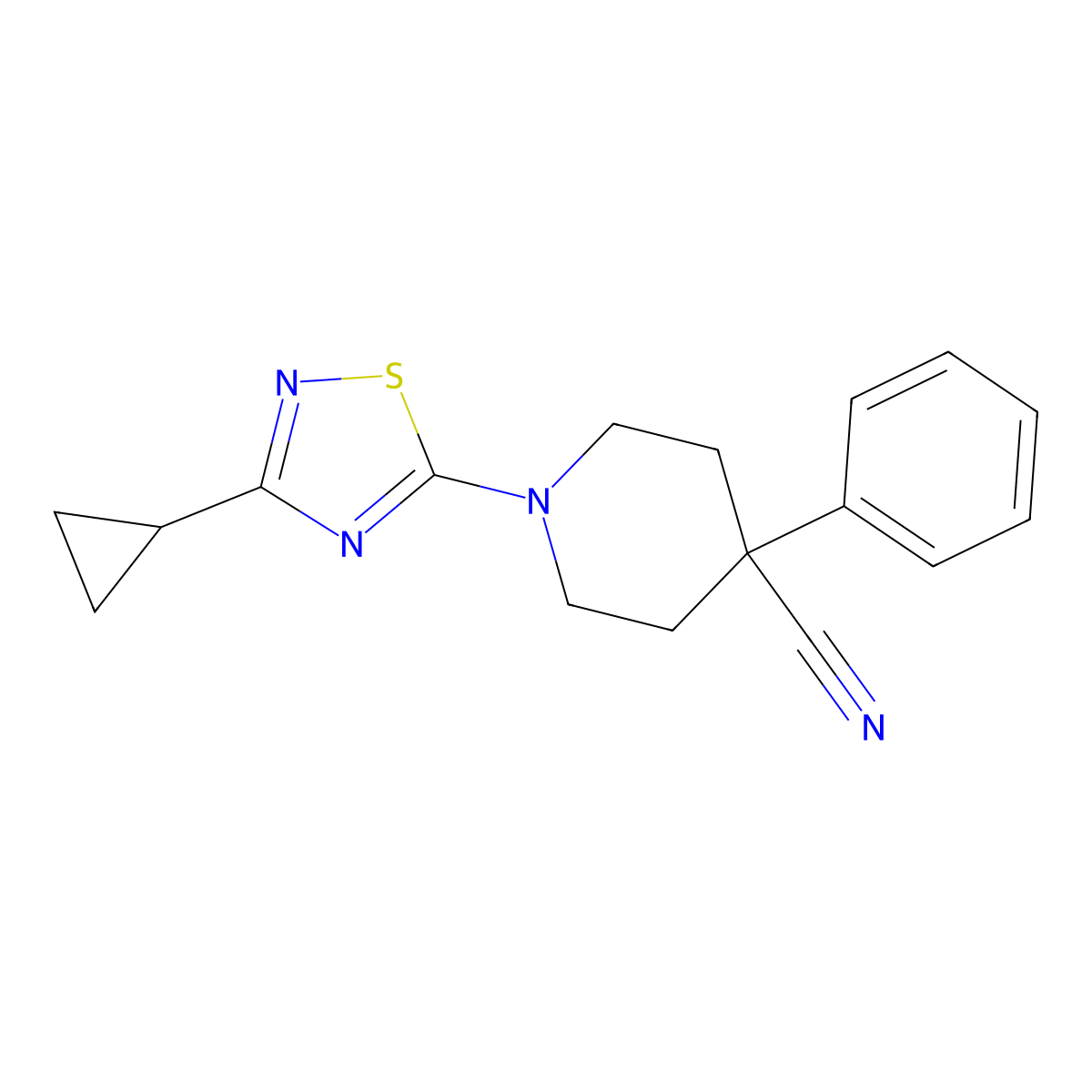 1-(3-Cyclopropyl-1,2,4-thiadiazol-5-yl)-4-phenylpiperidine-4-carbonitrile molecular structure, CAS 2640950-87-2