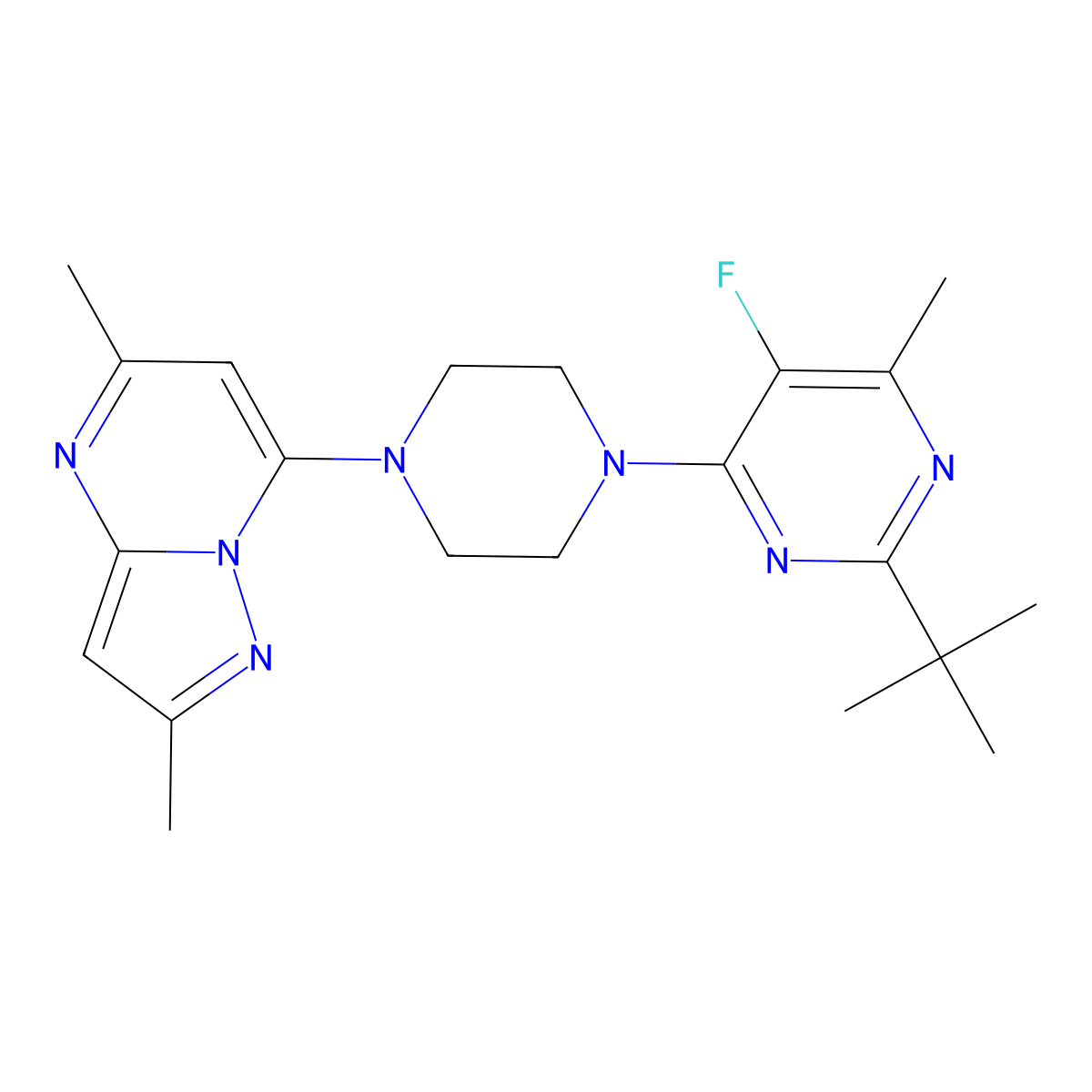 2-Tert-butyl-4-(4-{2,5-dimethylpyrazolo[1,5-a]pyrimidin-7-yl}piperazin-1-yl)-5-fluoro-6-methylpyrimidine molecular structure, CAS 2640950-88-3