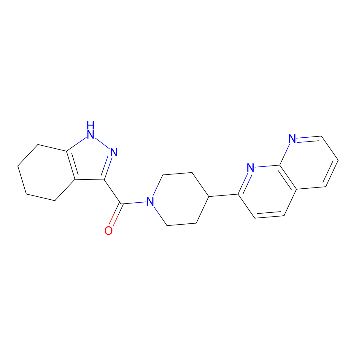 2-[1-(4,5,6,7-tetrahydro-1H-indazole-3-carbonyl)piperidin-4-yl]-1,8-naphthyridine molecular structure, CAS 2640950-90-7