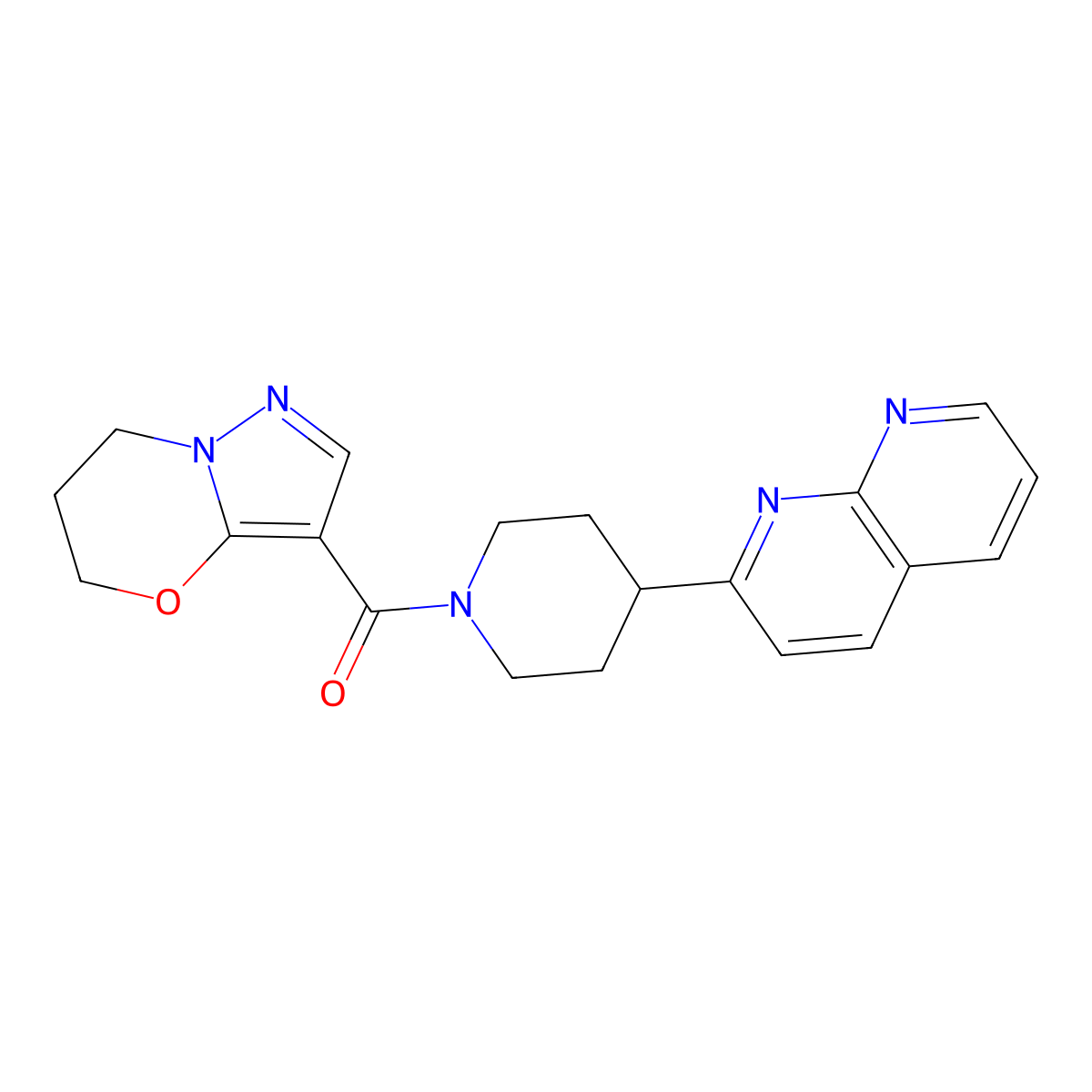 2-(1-{5H,6H,7H-pyrazolo[3,2-b][1,3]oxazine-3-carbonyl}piperidin-4-yl)-1,8-naphthyridine molecular structure, CAS 2640950-91-8