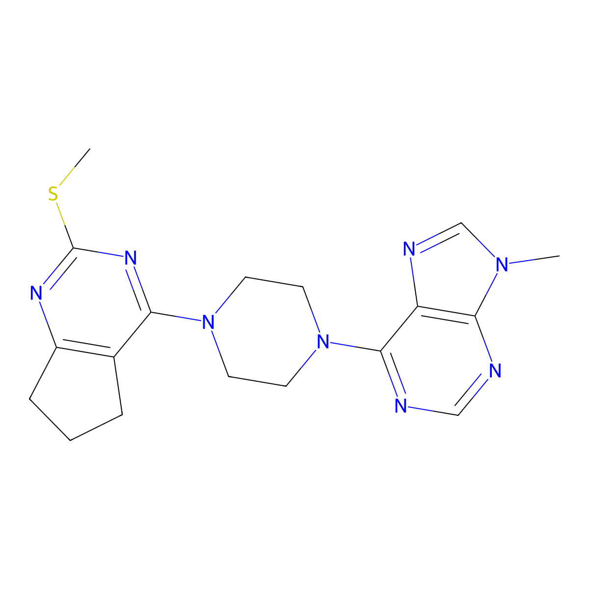 9-methyl-6-{4-[2-(methylsulfanyl)-5H,6H,7H-cyclopenta[d]pyrimidin-4-yl]piperazin-1-yl}-9H-purine molecular structure, CAS 2640950-92-9
