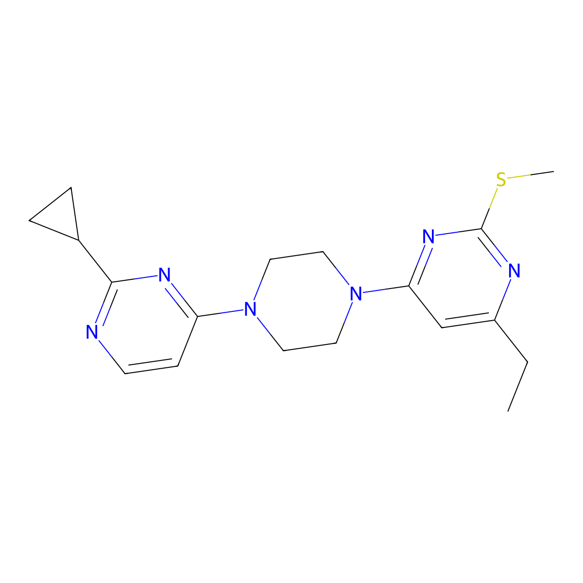 4-[4-(2-Cyclopropylpyrimidin-4-yl)piperazin-1-yl]-6-ethyl-2-(methylsulfanyl)pyrimidine molecular structure, CAS 2640950-93-0