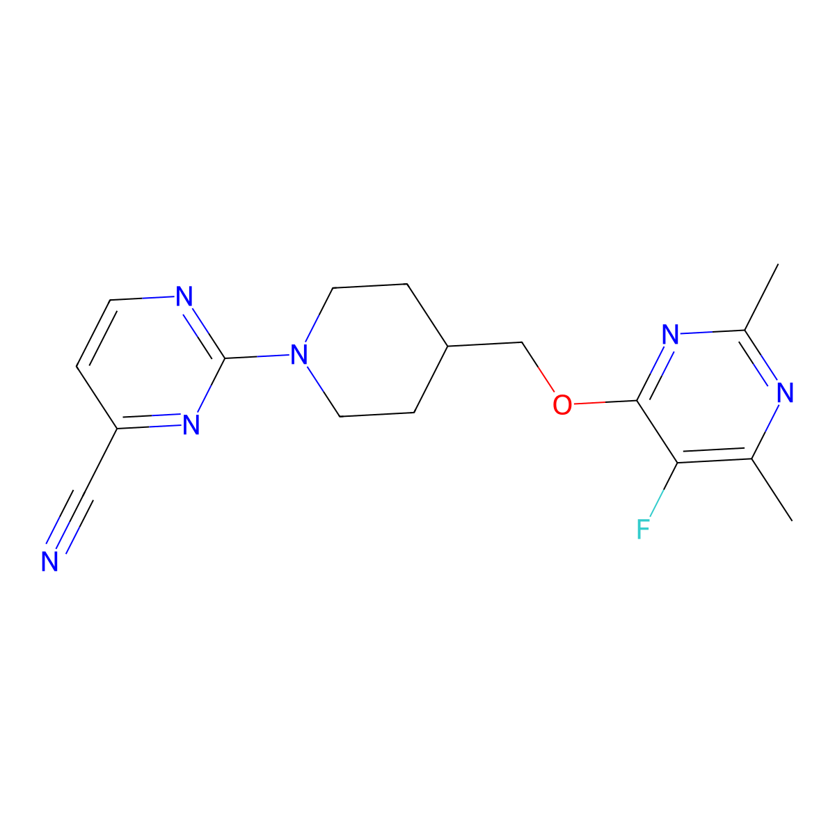 2-(4-{[(5-Fluoro-2,6-dimethylpyrimidin-4-yl)oxy]methyl}piperidin-1-yl)pyrimidine-4-carbonitrile molecular structure, CAS 2640950-97-4