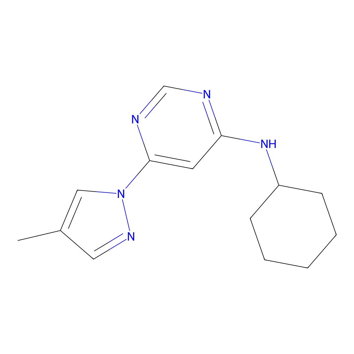 N-cyclohexyl-6-(4-methyl-1H-pyrazol-1-yl)pyrimidin-4-amine molecular structure, CAS 2640950-98-5