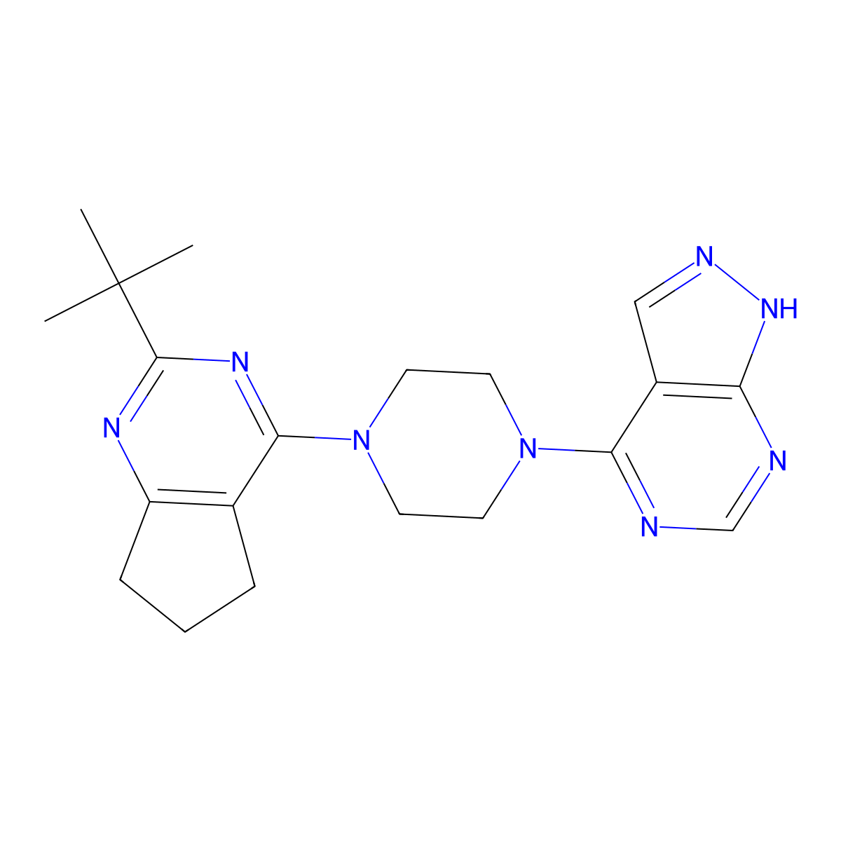 1-{2-tert-butyl-5H,6H,7H-cyclopenta[d]pyrimidin-4-yl}-4-{1H-pyrazolo[3,4-d]pyrimidin-4-yl}piperazine molecular structure, CAS 2640951-03-5