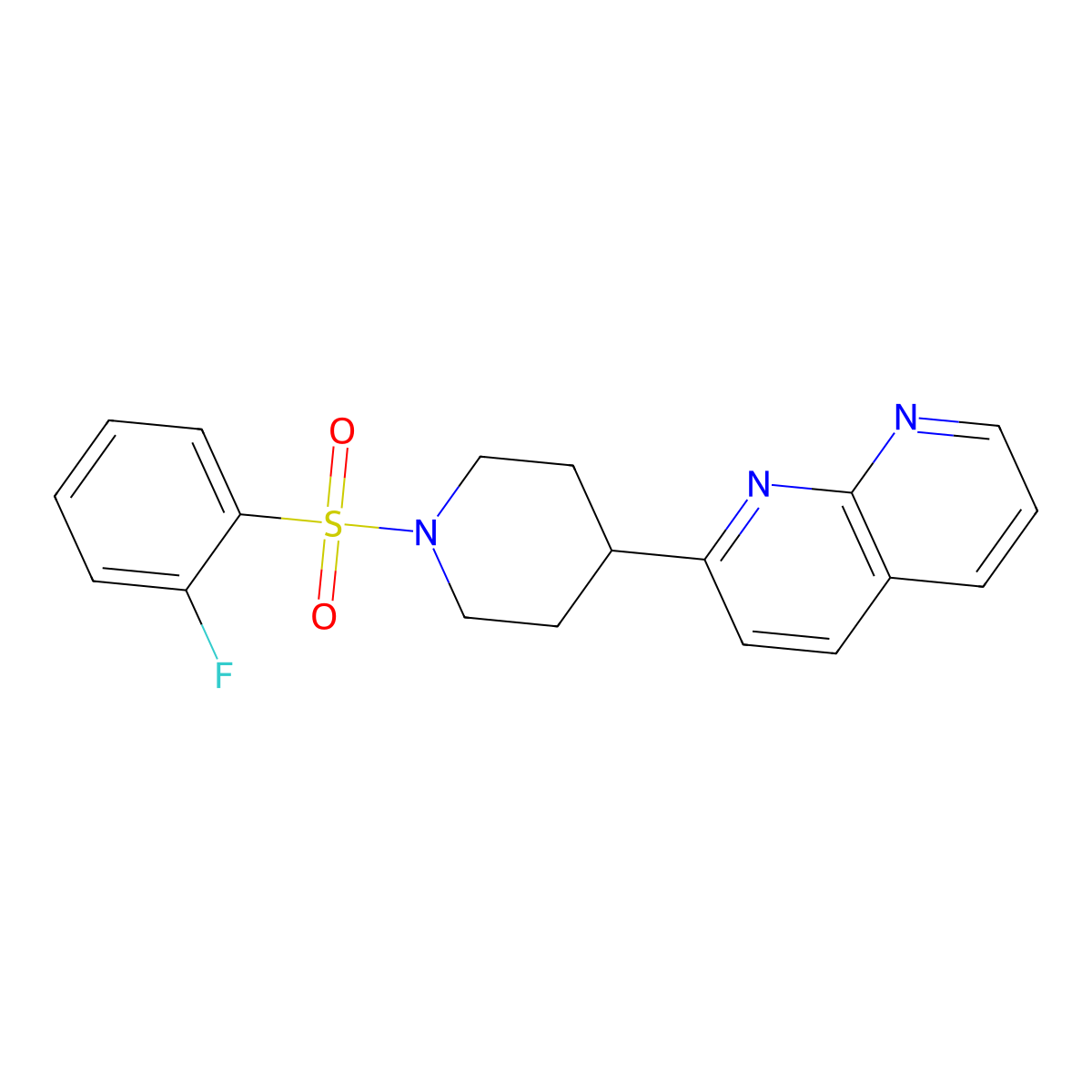 2-[1-(2-Fluorobenzenesulfonyl)piperidin-4-yl]-1,8-naphthyridine molecular structure, CAS 2640951-09-1