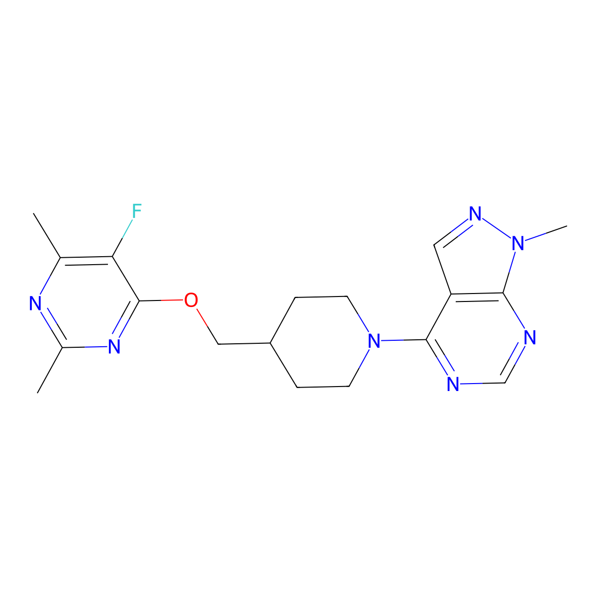 5-fluoro-2,4-dimethyl-6-[(1-{1-methyl-1H-pyrazolo[3,4-d]pyrimidin-4-yl}piperidin-4-yl)methoxy]pyrimidine molecular structure, CAS 2640951-12-6