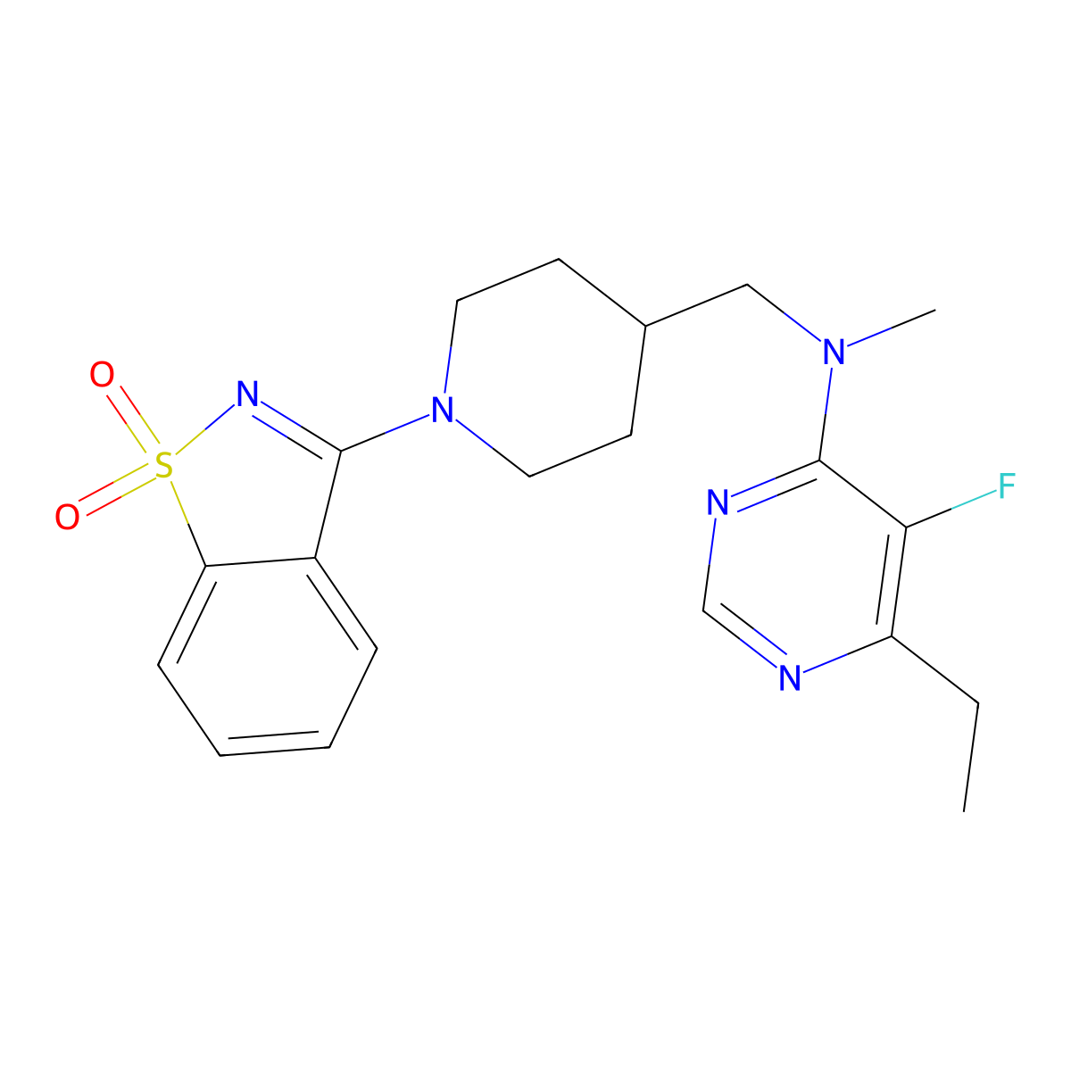 N-[[1-(1,1-dioxo-1,2-benzothiazol-3-yl)piperidin-4-yl]methyl]-6-ethyl-5-fluoro-N-methylpyrimidin-4-amine molecular structure, CAS 2640951-13-7