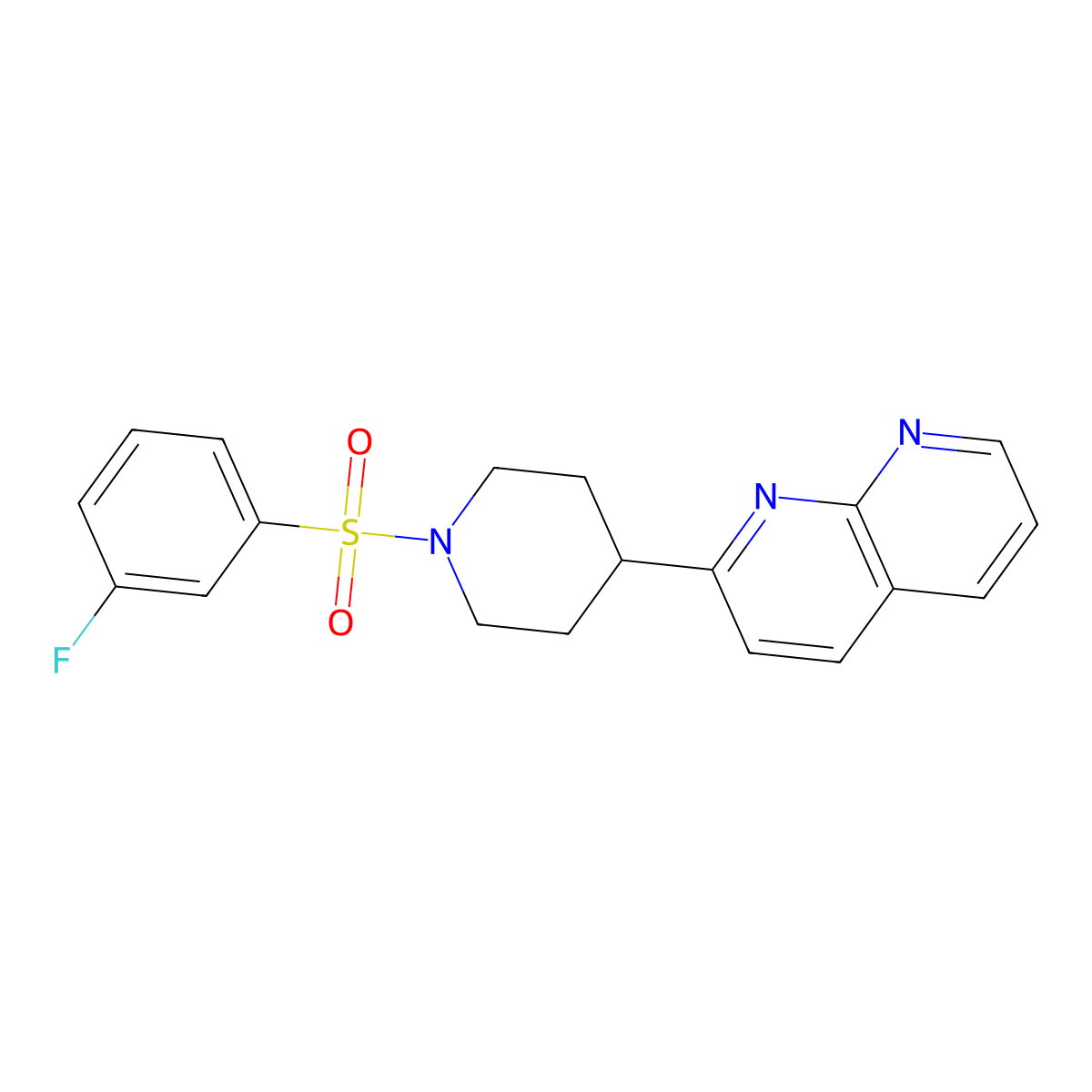 2-[1-(3-Fluorobenzenesulfonyl)piperidin-4-yl]-1,8-naphthyridine molecular structure, CAS 2640951-15-9