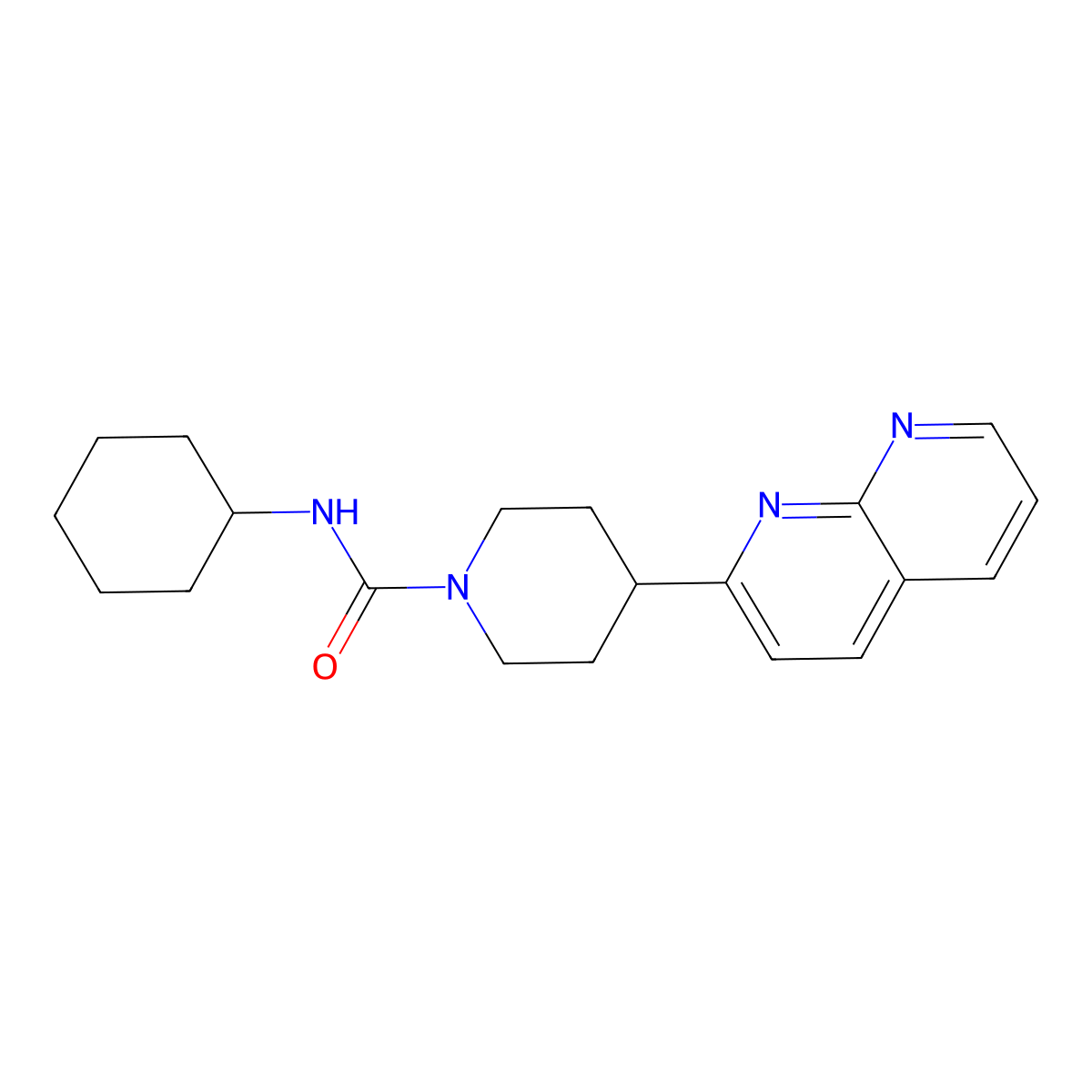 N-cyclohexyl-4-(1,8-naphthyridin-2-yl)piperidine-1-carboxamide molecular structure, CAS 2640951-18-2