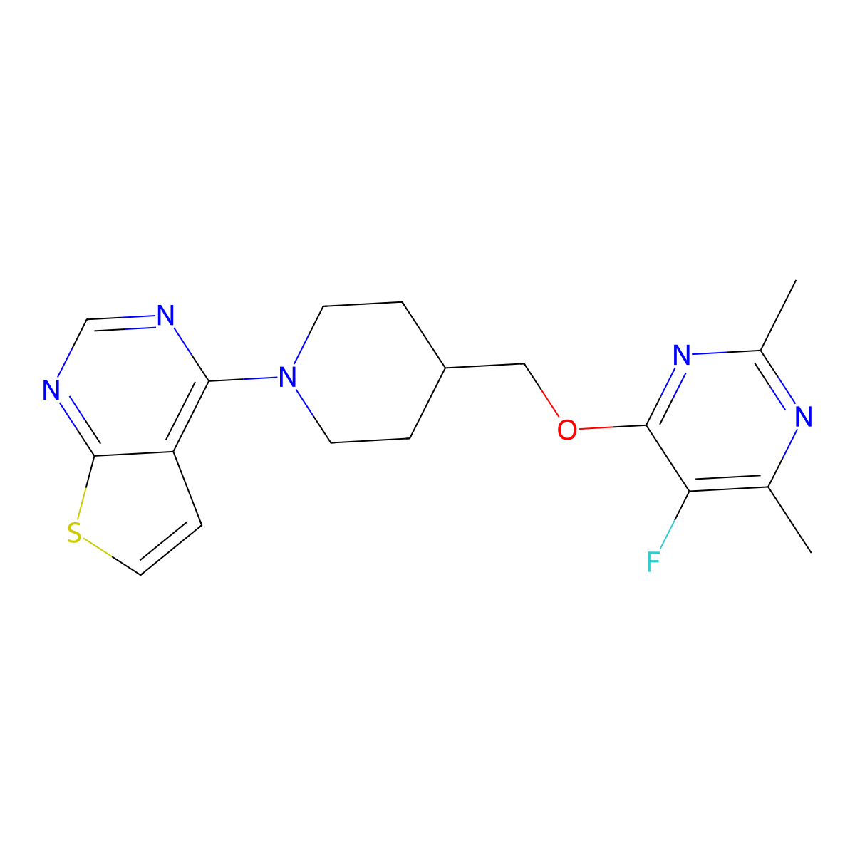 5-Fluoro-2,4-dimethyl-6-[(1-{thieno[2,3-d]pyrimidin-4-yl}piperidin-4-yl)methoxy]pyrimidine molecular structure, CAS 2640951-20-6
