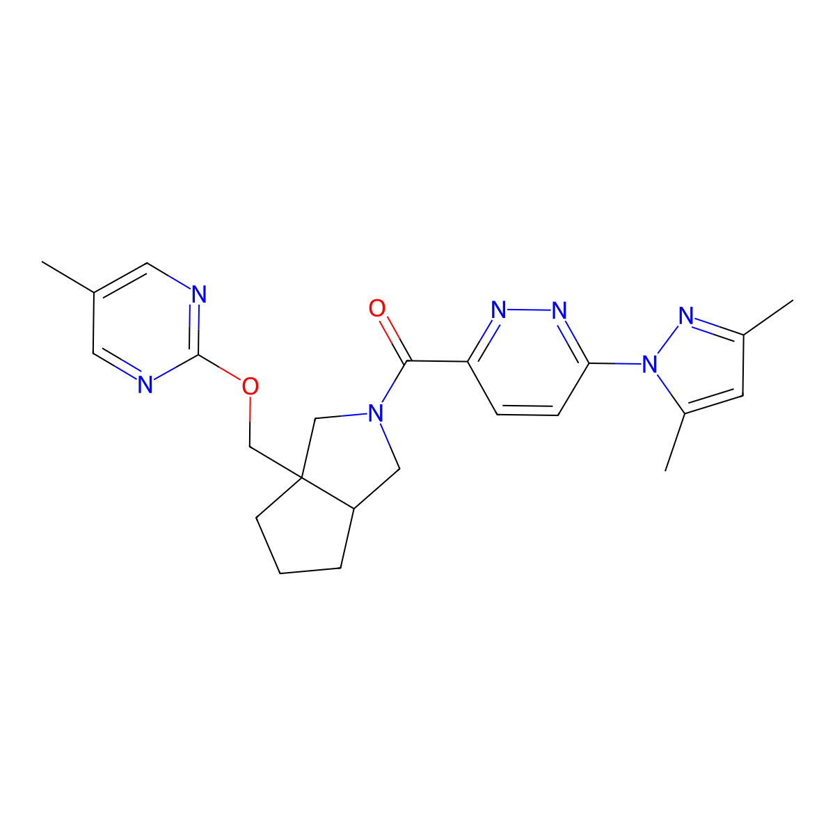 3-(3a-{[(5-methylpyrimidin-2-yl)oxy]methyl}-octahydrocyclopenta[c]pyrrole-2-carbonyl)-6-(3,5-dimethyl-1H-pyrazol-1-yl)pyridazine molecular structure, CAS 2640951-21-7