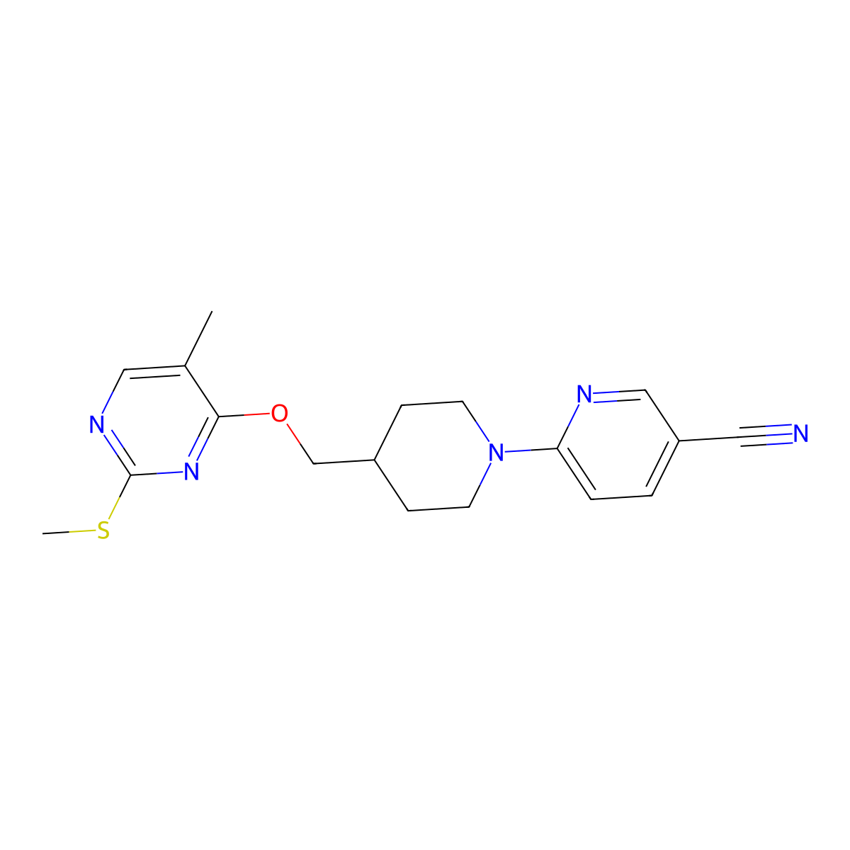 6-[4-({[5-Methyl-2-(methylsulfanyl)pyrimidin-4-yl]oxy}methyl)piperidin-1-yl]pyridine-3-carbonitrile molecular structure, CAS 2640951-24-0