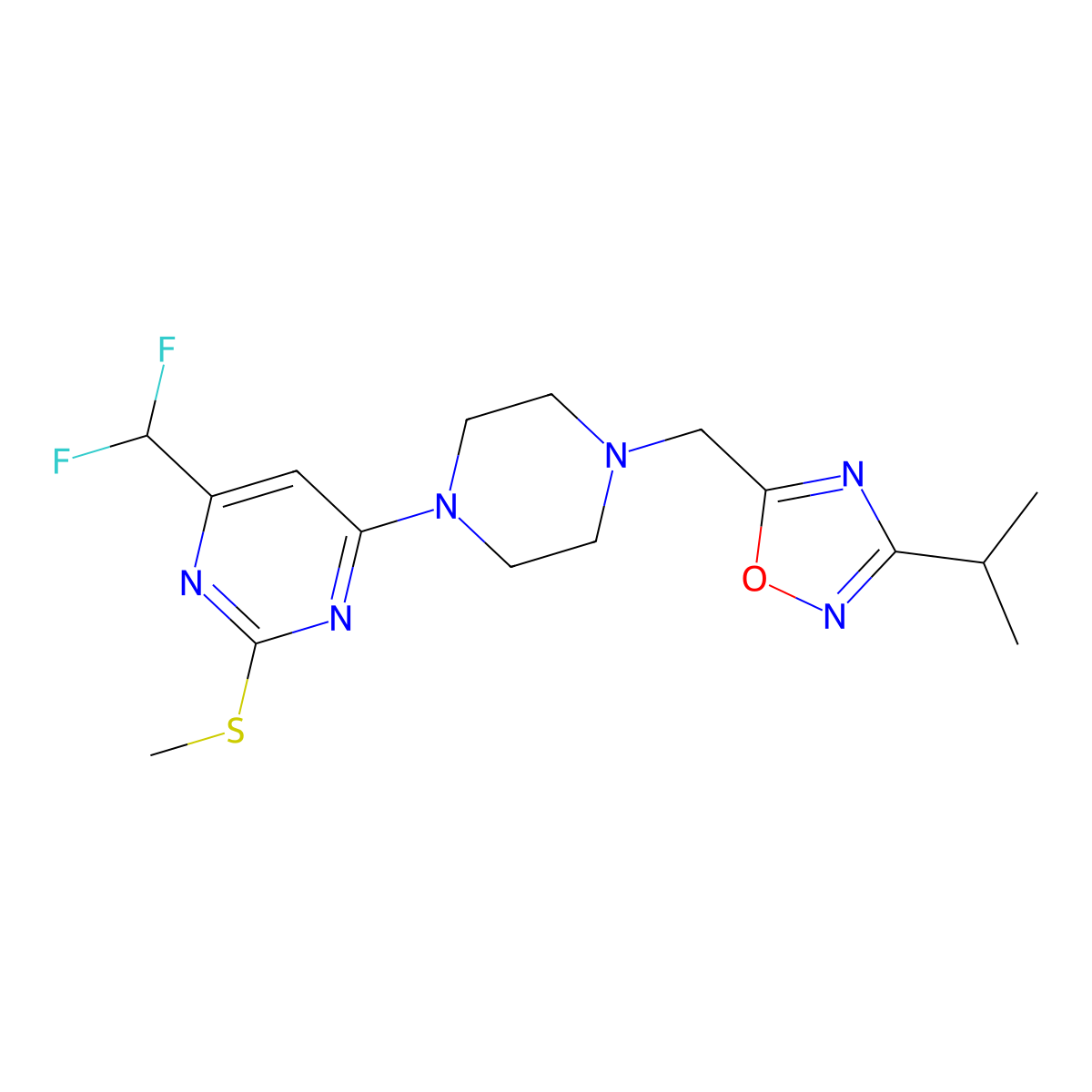 4-(Difluoromethyl)-2-(methylsulfanyl)-6-(4-{[3-(propan-2-yl)-1,2,4-oxadiazol-5-yl]methyl}piperazin-1-yl)pyrimidine molecular structure, CAS 2640951-28-4