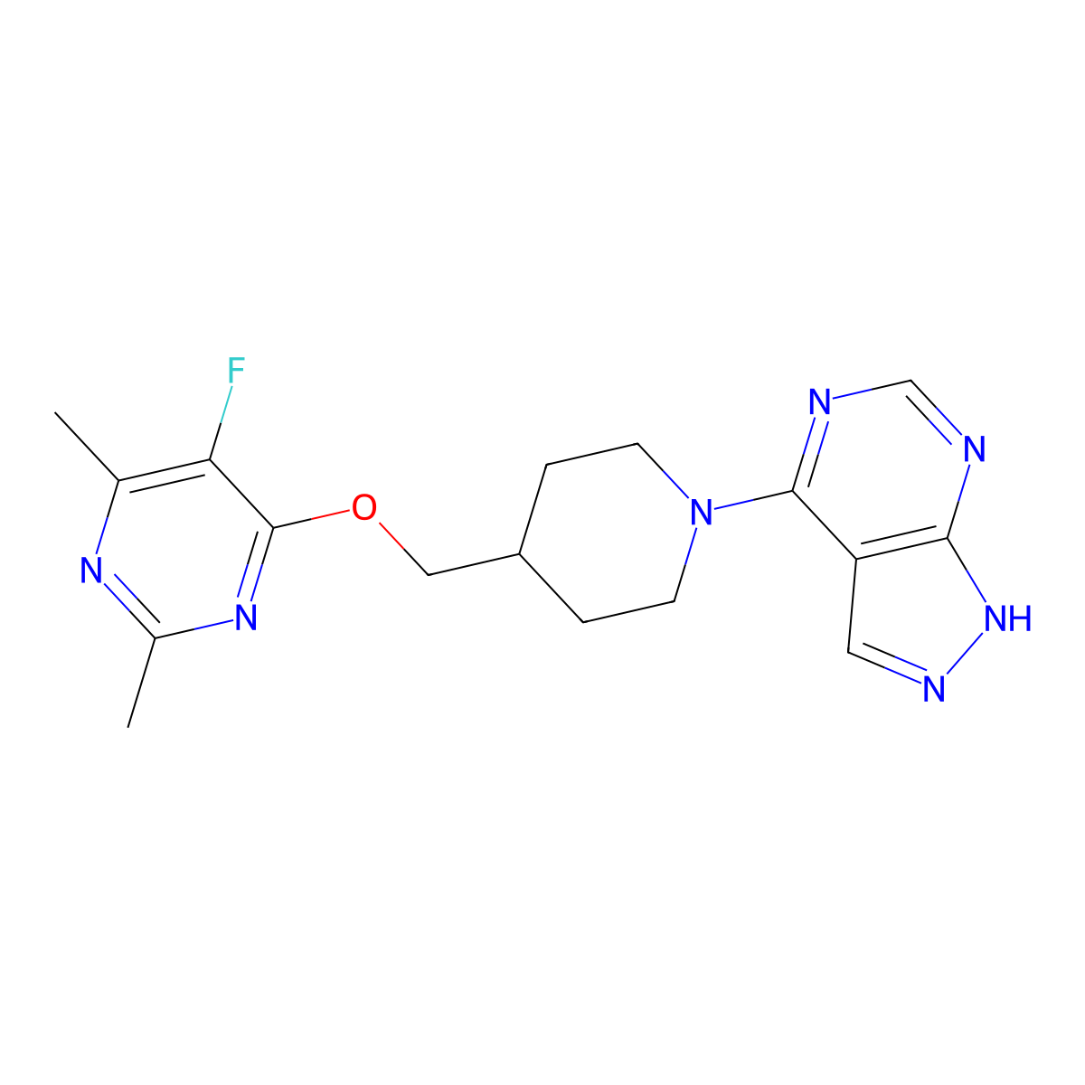 5-fluoro-2,4-dimethyl-6-[(1-{1H-pyrazolo[3,4-d]pyrimidin-4-yl}piperidin-4-yl)methoxy]pyrimidine molecular structure, CAS 2640951-31-9