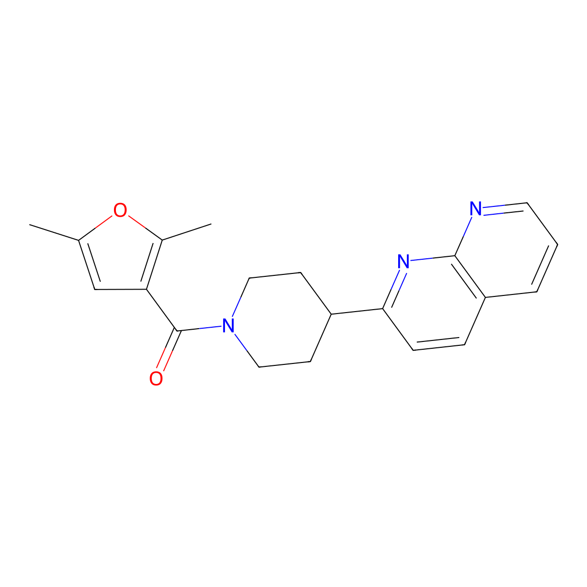 2-[1-(2,5-Dimethylfuran-3-carbonyl)piperidin-4-yl]-1,8-naphthyridine molecular structure, CAS 2640951-35-3