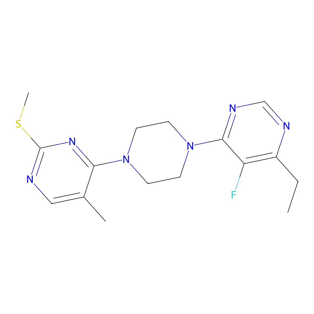 4-[4-(6-Ethyl-5-fluoropyrimidin-4-yl)piperazin-1-yl]-5-methyl-2-(methylsulfanyl)pyrimidine molecular structure, CAS 2640951-36-4