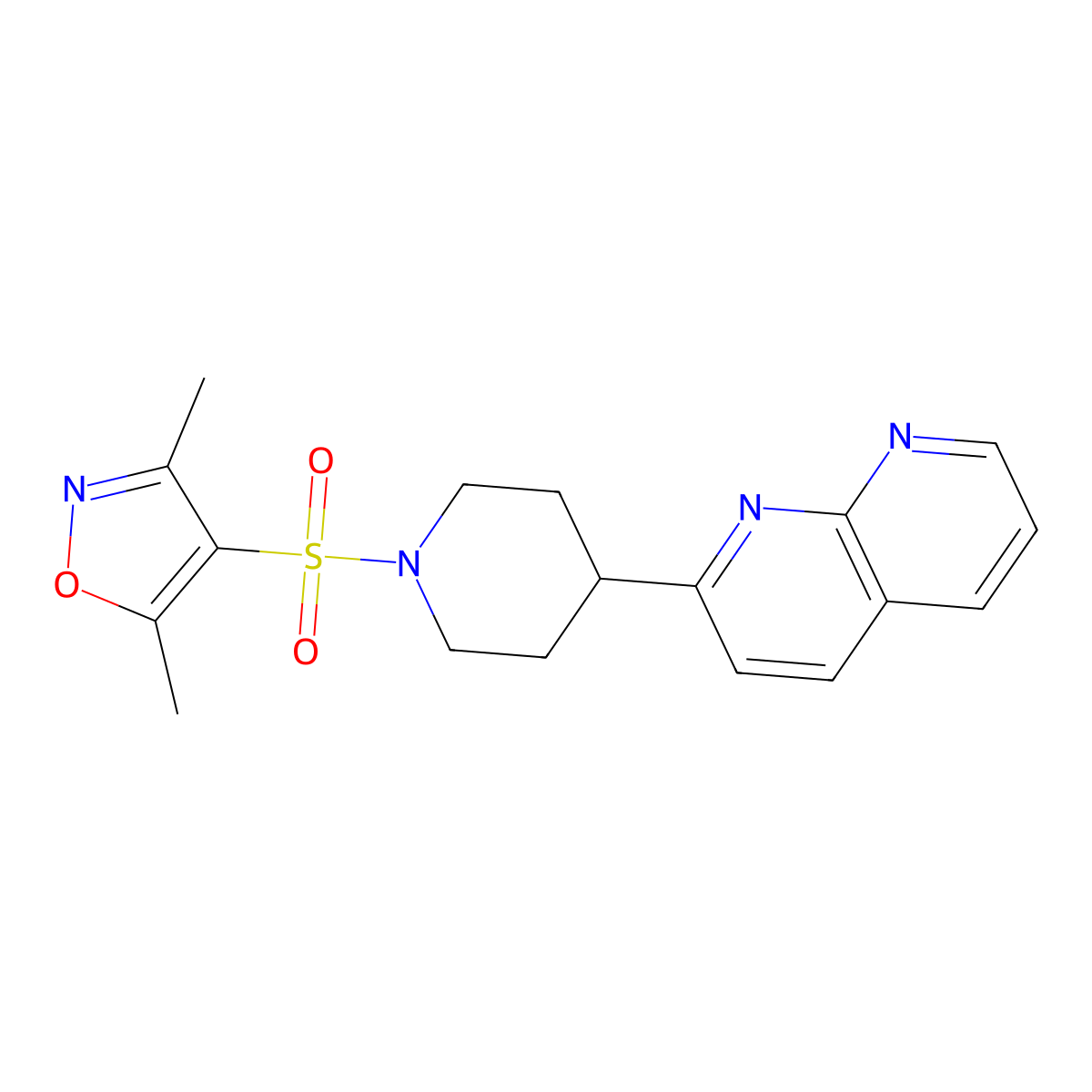 2-{1-[(3,5-Dimethyl-1,2-oxazol-4-yl)sulfonyl]piperidin-4-yl}-1,8-naphthyridine molecular structure, CAS 2640951-38-6