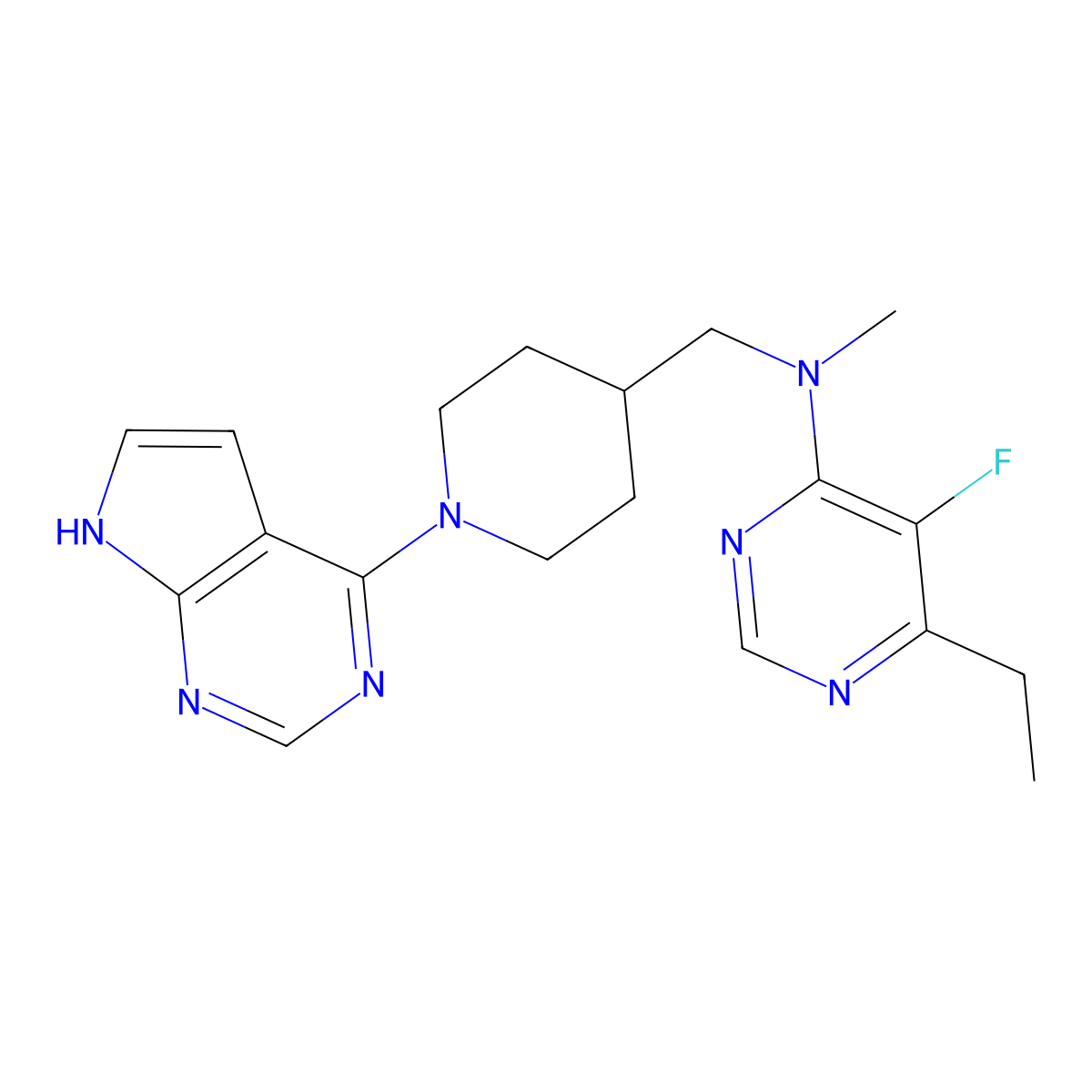 6-ethyl-5-fluoro-N-methyl-N-[(1-{7H-pyrrolo[2,3-d]pyrimidin-4-yl}piperidin-4-yl)methyl]pyrimidin-4-amine molecular structure, CAS 2640951-41-1