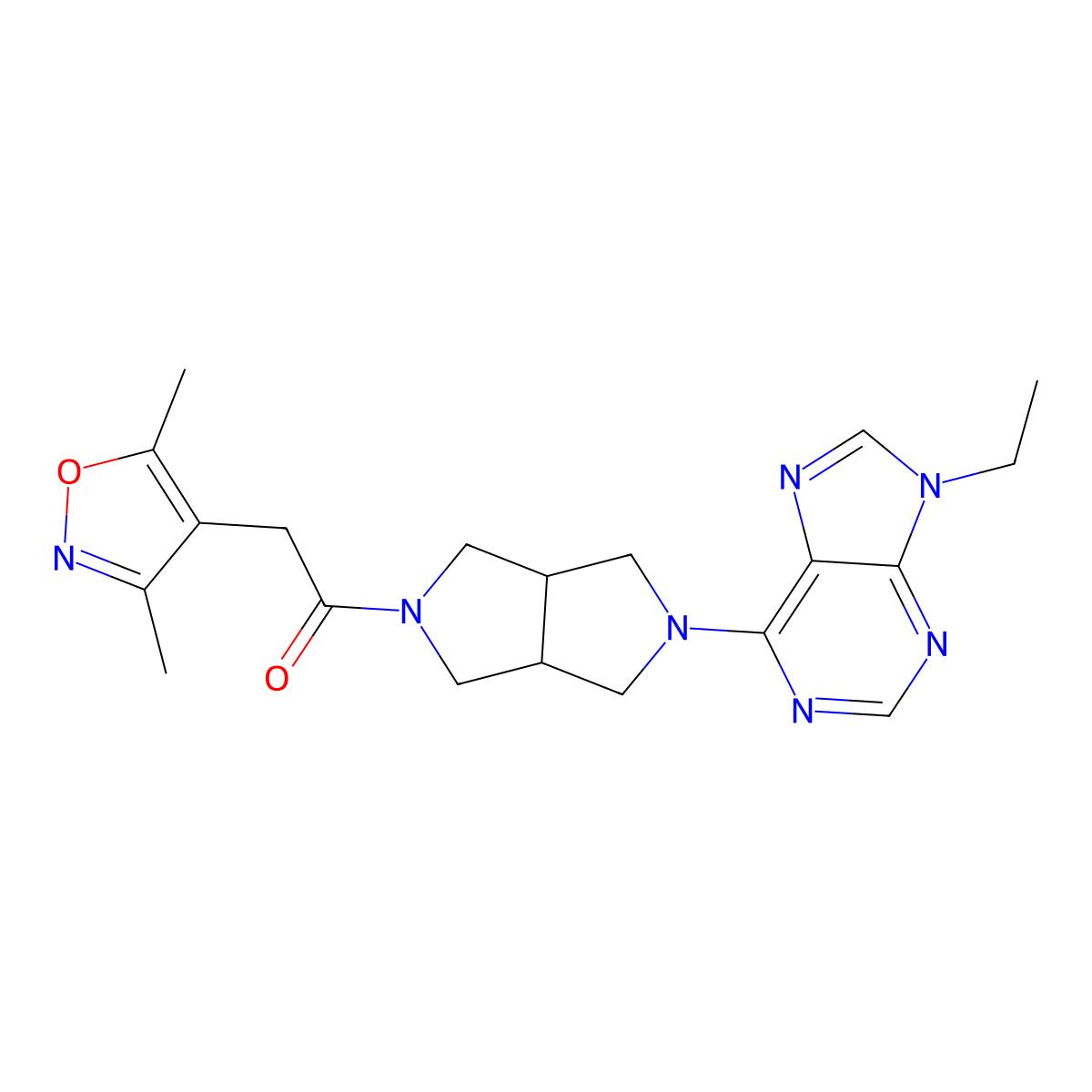 2-(3,5-dimethyl-1,2-oxazol-4-yl)-1-[5-(9-ethyl-9H-purin-6-yl)-octahydropyrrolo[3,4-c]pyrrol-2-yl]ethan-1-one molecular structure, CAS 2640951-43-3