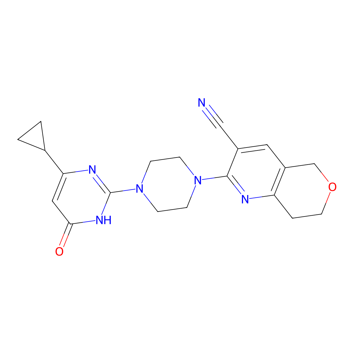 2-[4-(4-cyclopropyl-6-oxo-1,6-dihydropyrimidin-2-yl)piperazin-1-yl]-5H,7H,8H-pyrano[4,3-b]pyridine-3-carbonitrile molecular structure, CAS 2640951-51-3