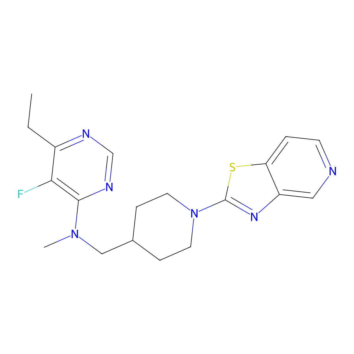 6-ethyl-5-fluoro-N-methyl-N-[(1-{[1,3]thiazolo[4,5-c]pyridin-2-yl}piperidin-4-yl)methyl]pyrimidin-4-amine molecular structure, CAS 2640951-54-6