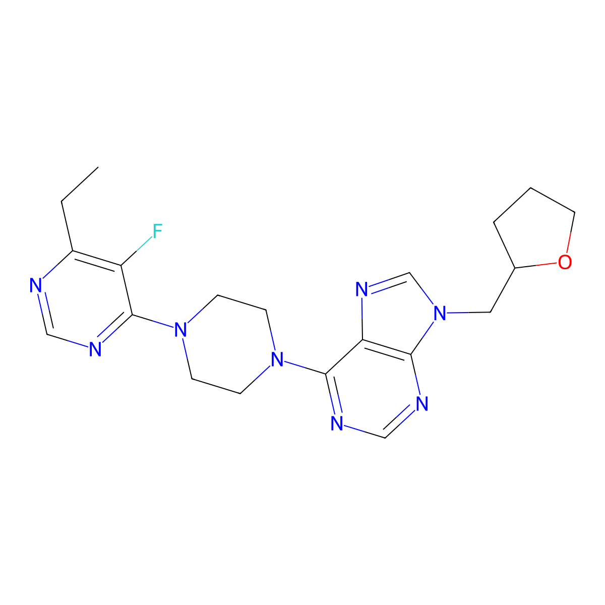 6-[4-(6-ethyl-5-fluoropyrimidin-4-yl)piperazin-1-yl]-9-[(oxolan-2-yl)methyl]-9H-purine molecular structure, CAS 2640951-59-1