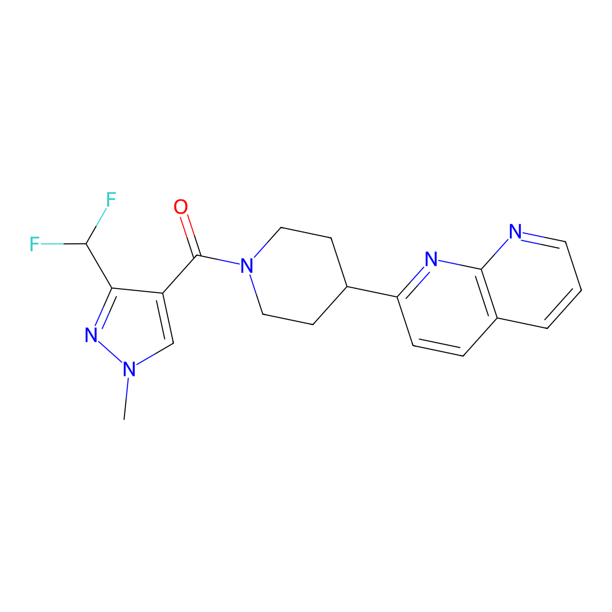 2-{1-[3-(difluoromethyl)-1-methyl-1H-pyrazole-4-carbonyl]piperidin-4-yl}-1,8-naphthyridine molecular structure, CAS 2640951-71-7