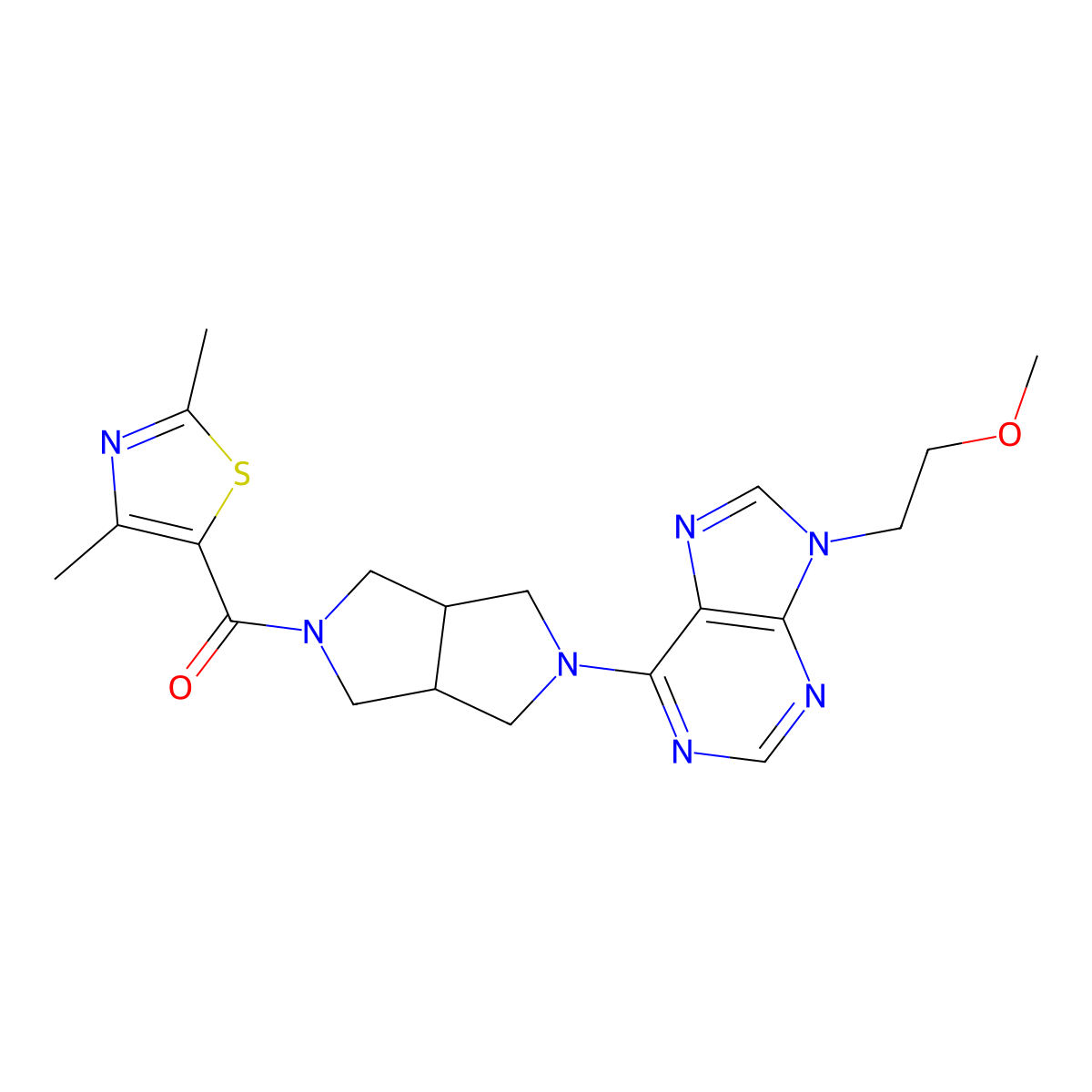 6-[5-(2,4-dimethyl-1,3-thiazole-5-carbonyl)-octahydropyrrolo[3,4-c]pyrrol-2-yl]-9-(2-methoxyethyl)-9H-purine molecular structure, CAS 2640951-77-3