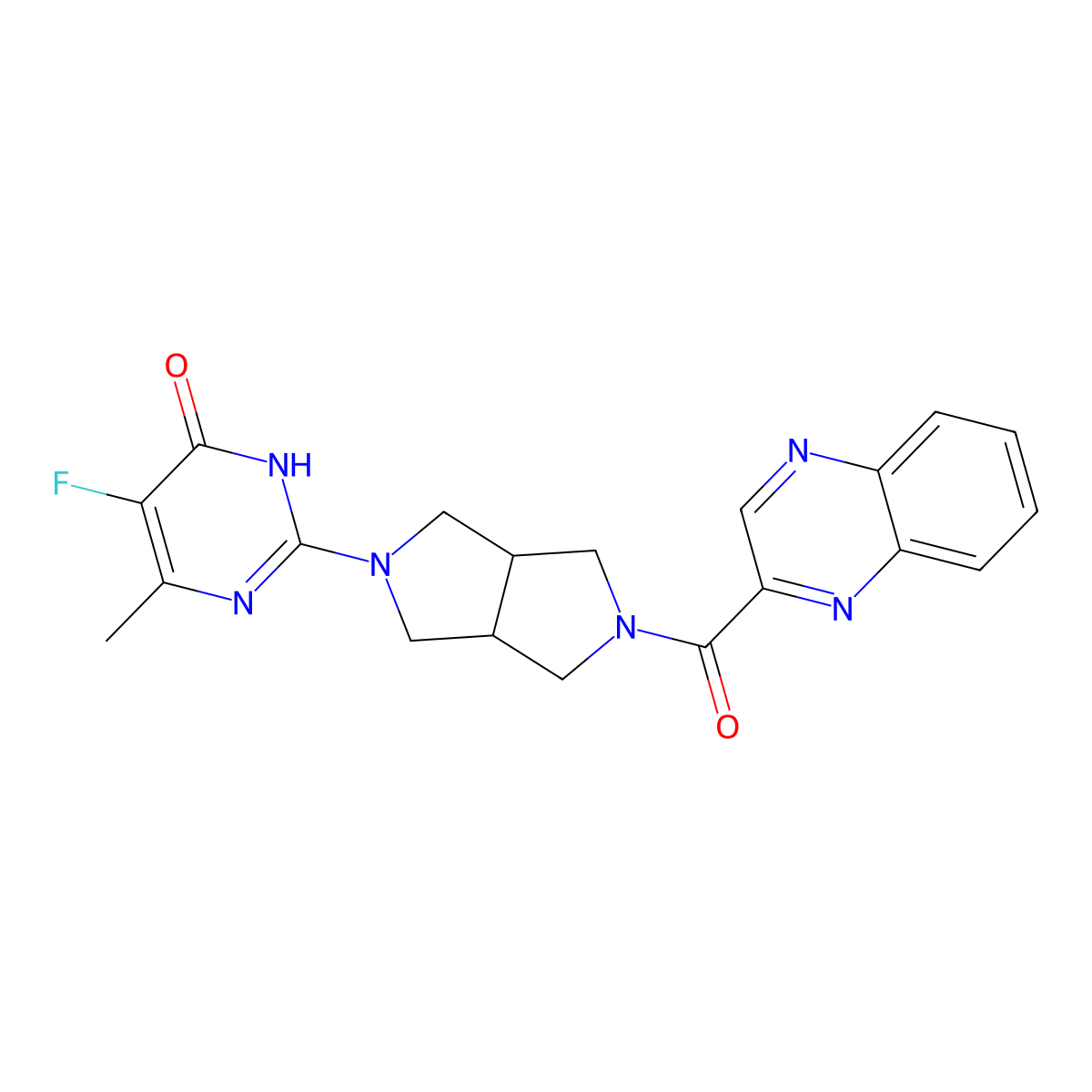 5-Fluoro-6-methyl-2-[5-(quinoxaline-2-carbonyl)-octahydropyrrolo[3,4-c]pyrrol-2-yl]-3,4-dihydropyrimidin-4-one molecular structure, CAS 2640951-78-4