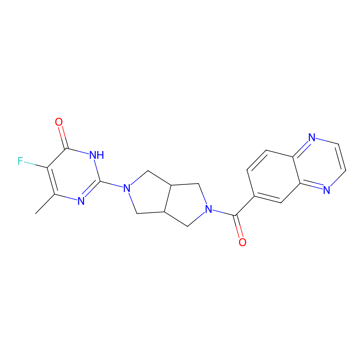 5-Fluoro-6-methyl-2-[5-(quinoxaline-6-carbonyl)-octahydropyrrolo[3,4-c]pyrrol-2-yl]-3,4-dihydropyrimidin-4-one molecular structure, CAS 2640951-85-3
