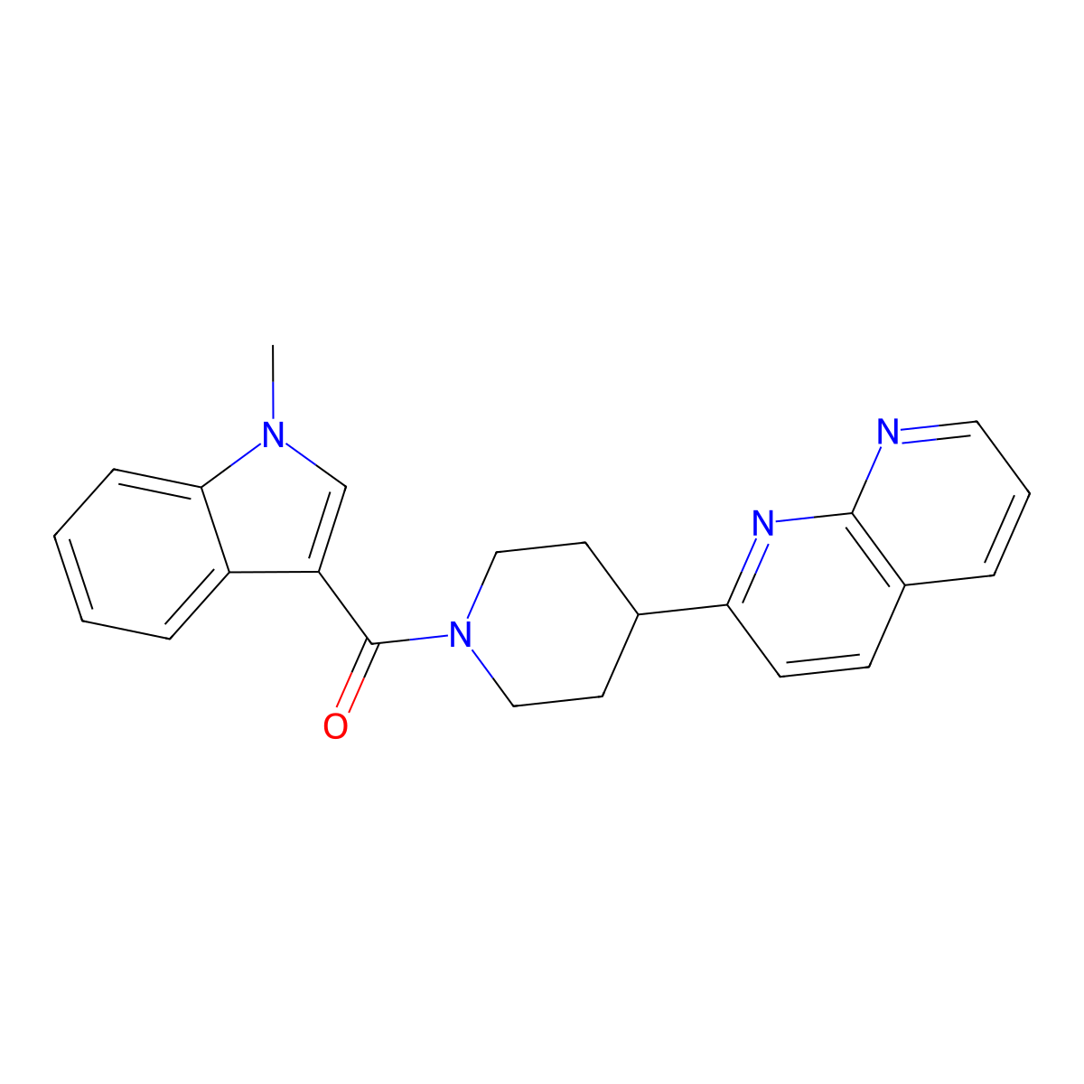 2-[1-(1-methyl-1H-indole-3-carbonyl)piperidin-4-yl]-1,8-naphthyridine molecular structure, CAS 2640951-86-4