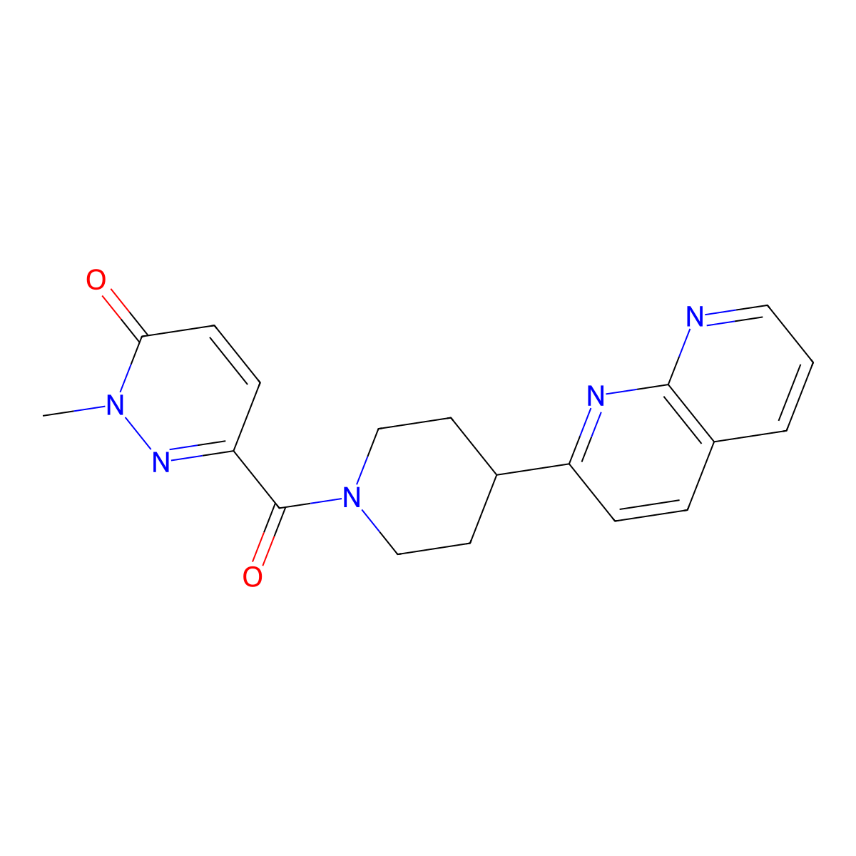 2-Methyl-6-[4-(1,8-naphthyridin-2-yl)piperidine-1-carbonyl]-2,3-dihydropyridazin-3-one molecular structure, CAS 2640951-87-5